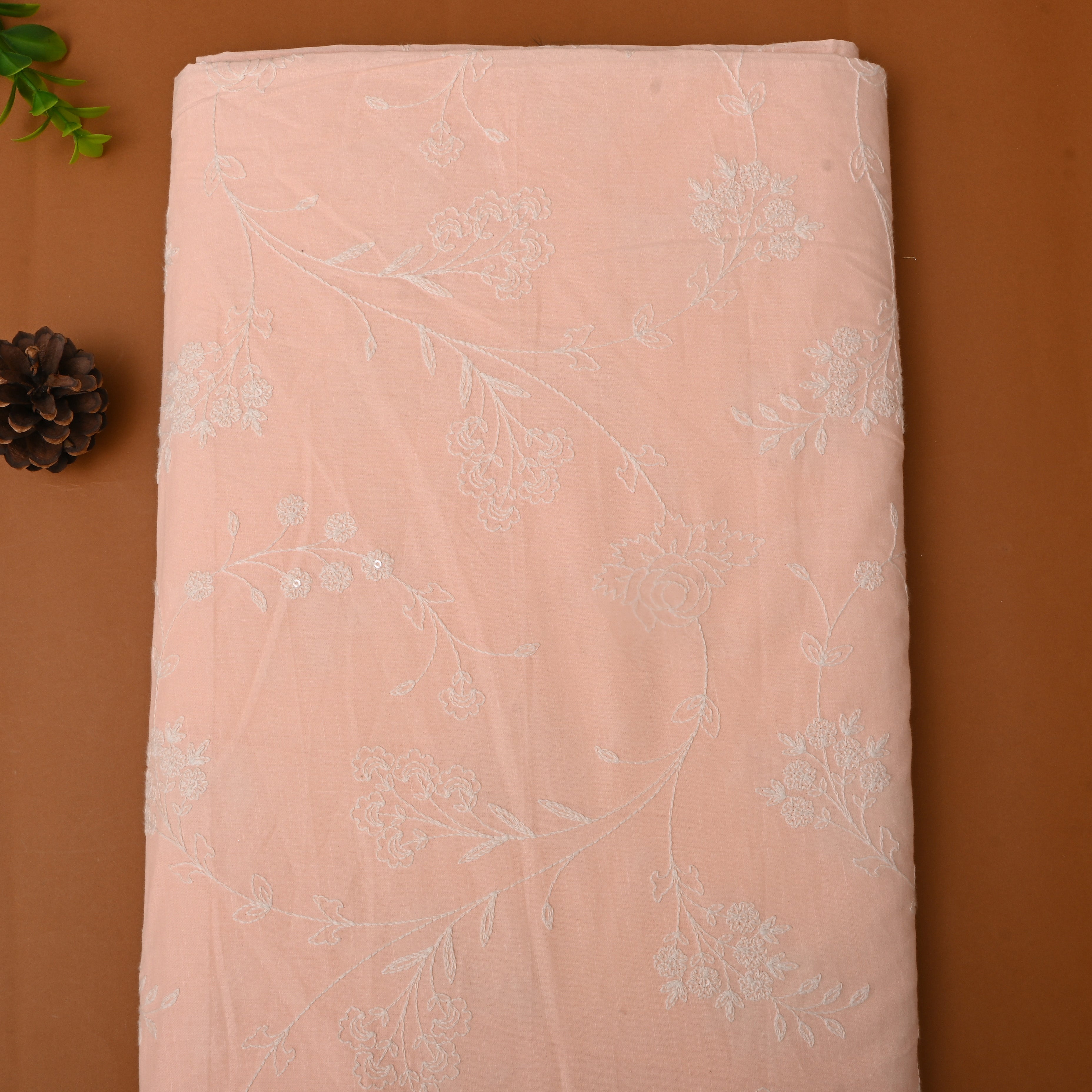 Soft Pink Floral Thread Embroidered Cotton Fabric