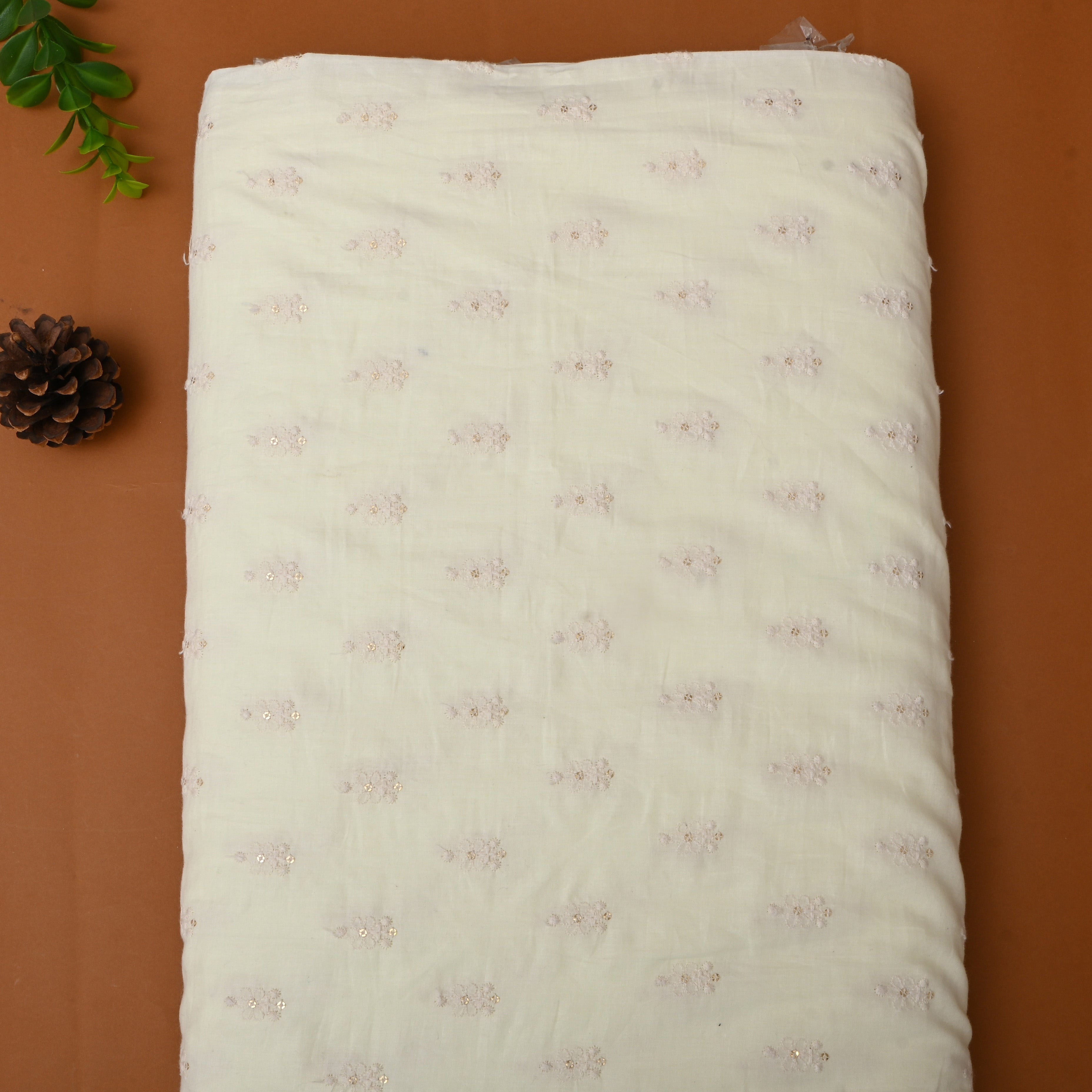 Pastel White Floral Embroidered Cotton Fabric