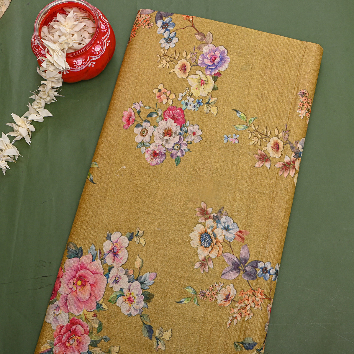 Amber Multicolour Floral Bouquet Digital Print Tussar Fabric