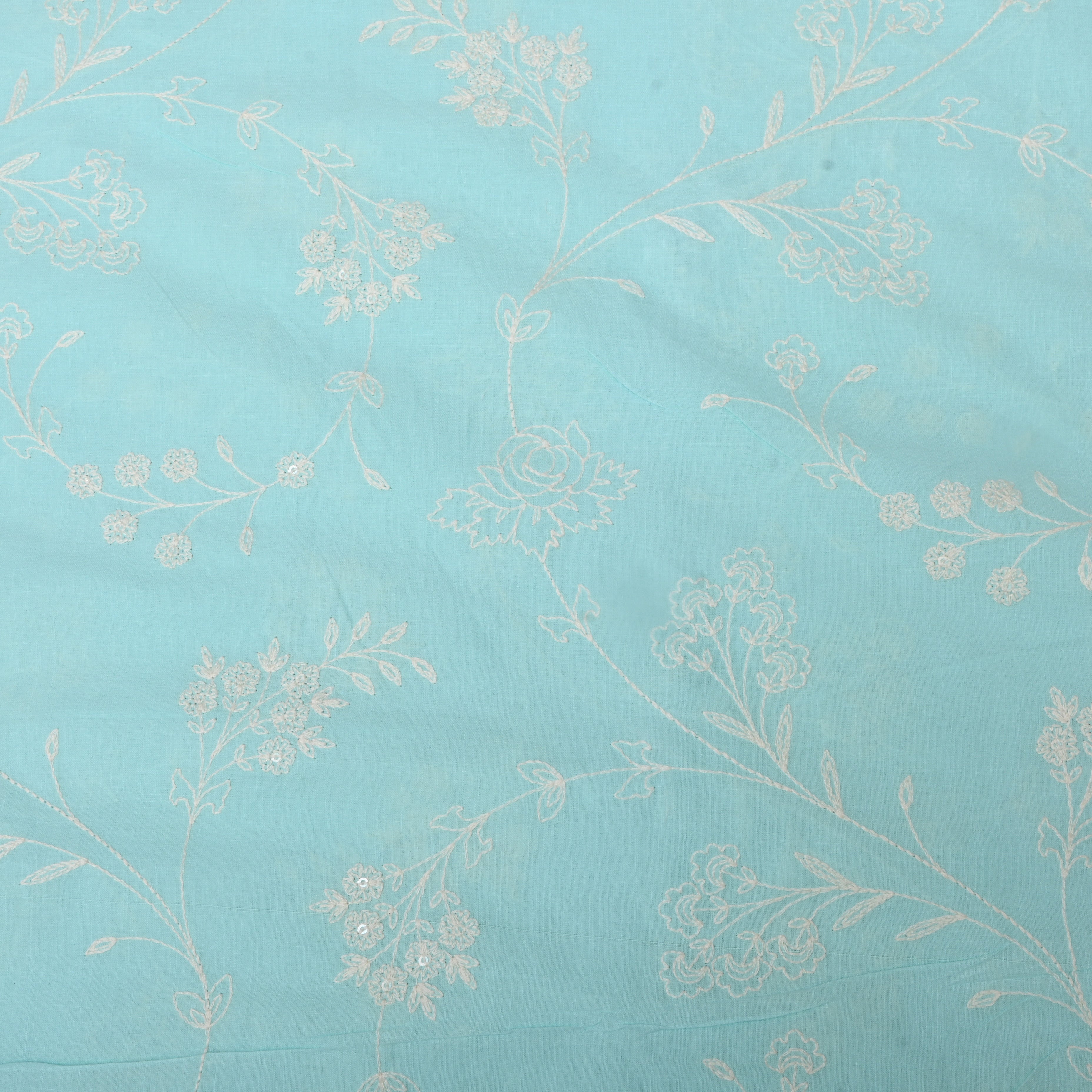 Sky Blue Floral Thread Embroidered Cotton Fabric