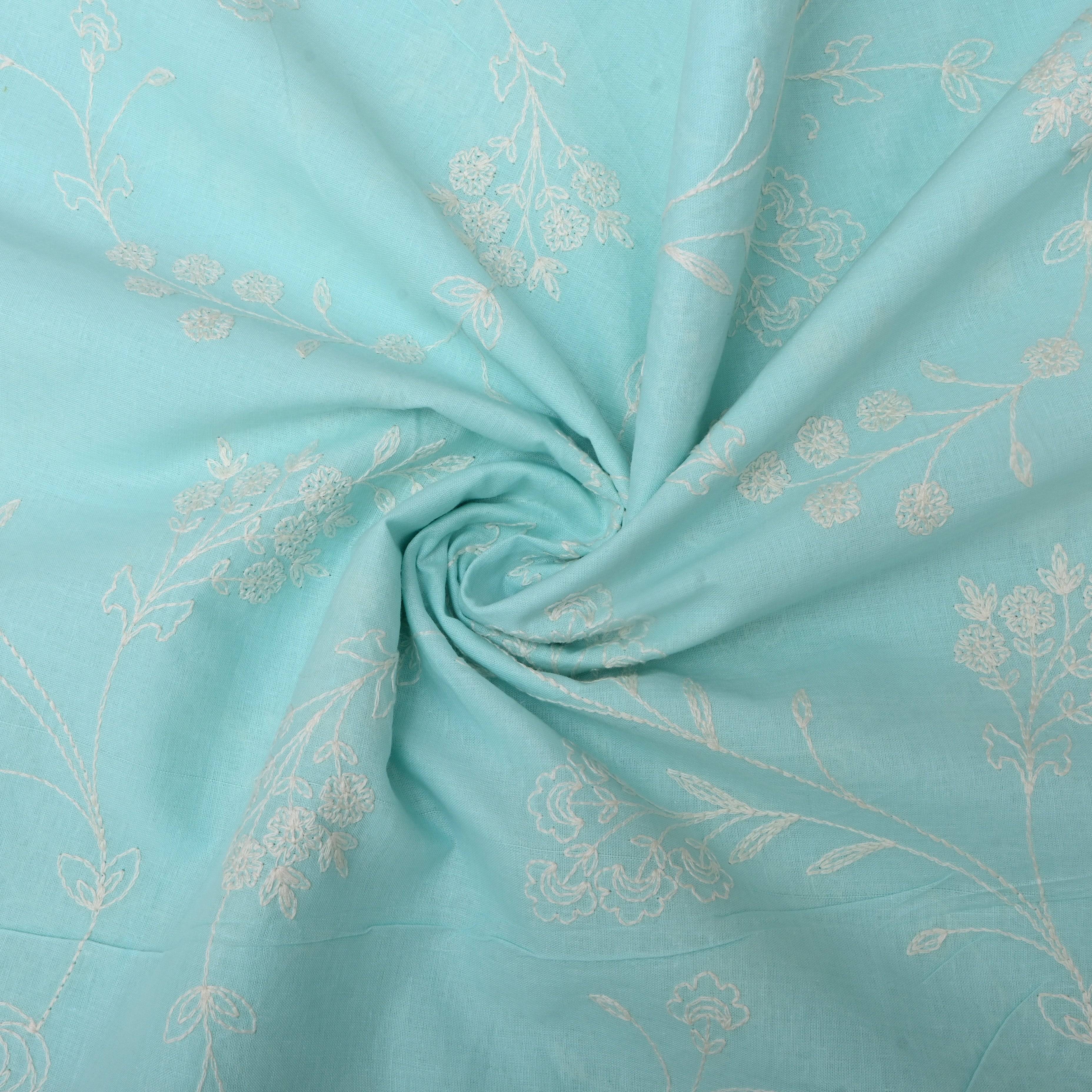 Sky Blue Floral Thread Embroidered Cotton Fabric