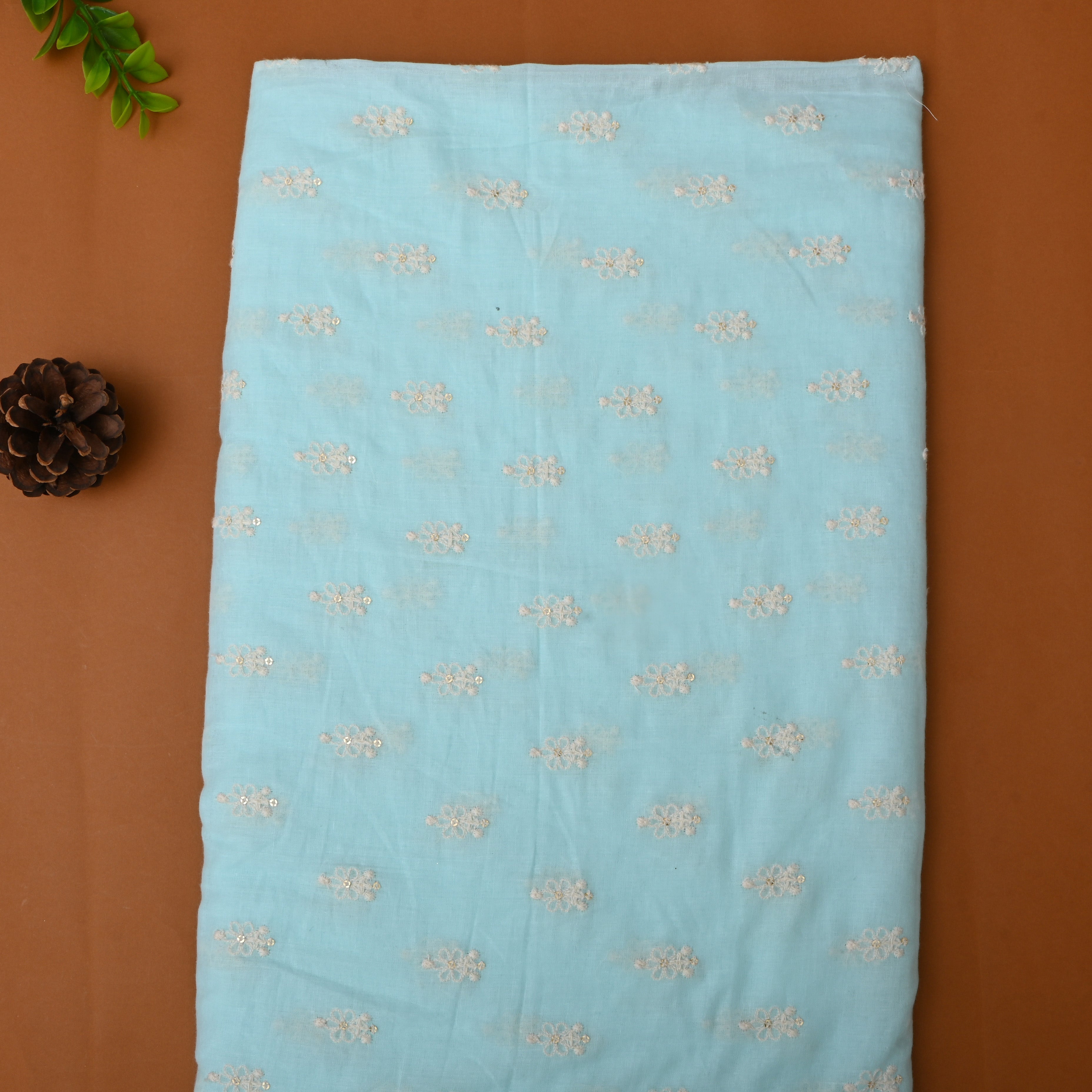 Cyan Blue Floral Embroidered Cotton Fabric