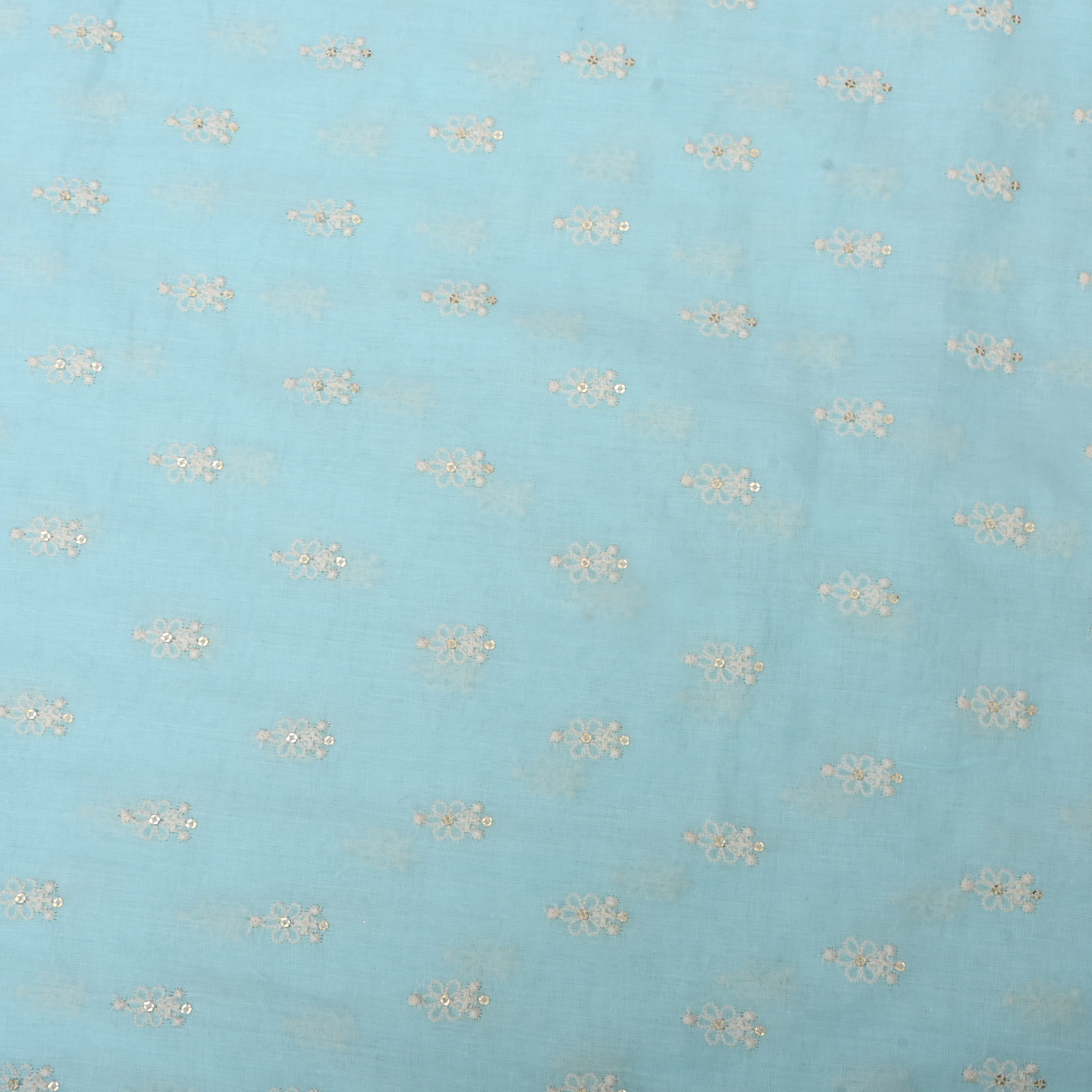 Cyan Blue Floral Embroidered Cotton Fabric