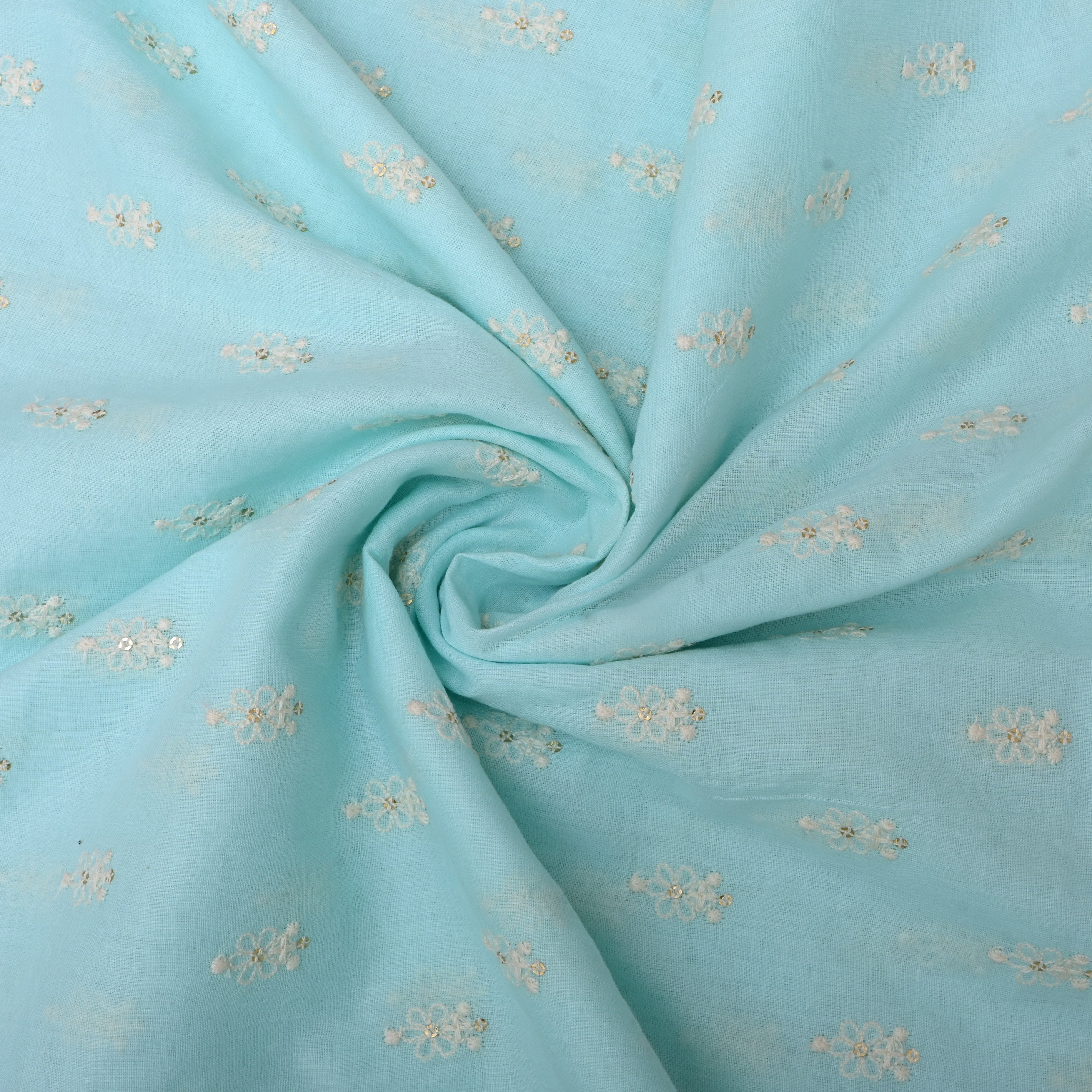Cyan Blue Floral Embroidered Cotton Fabric