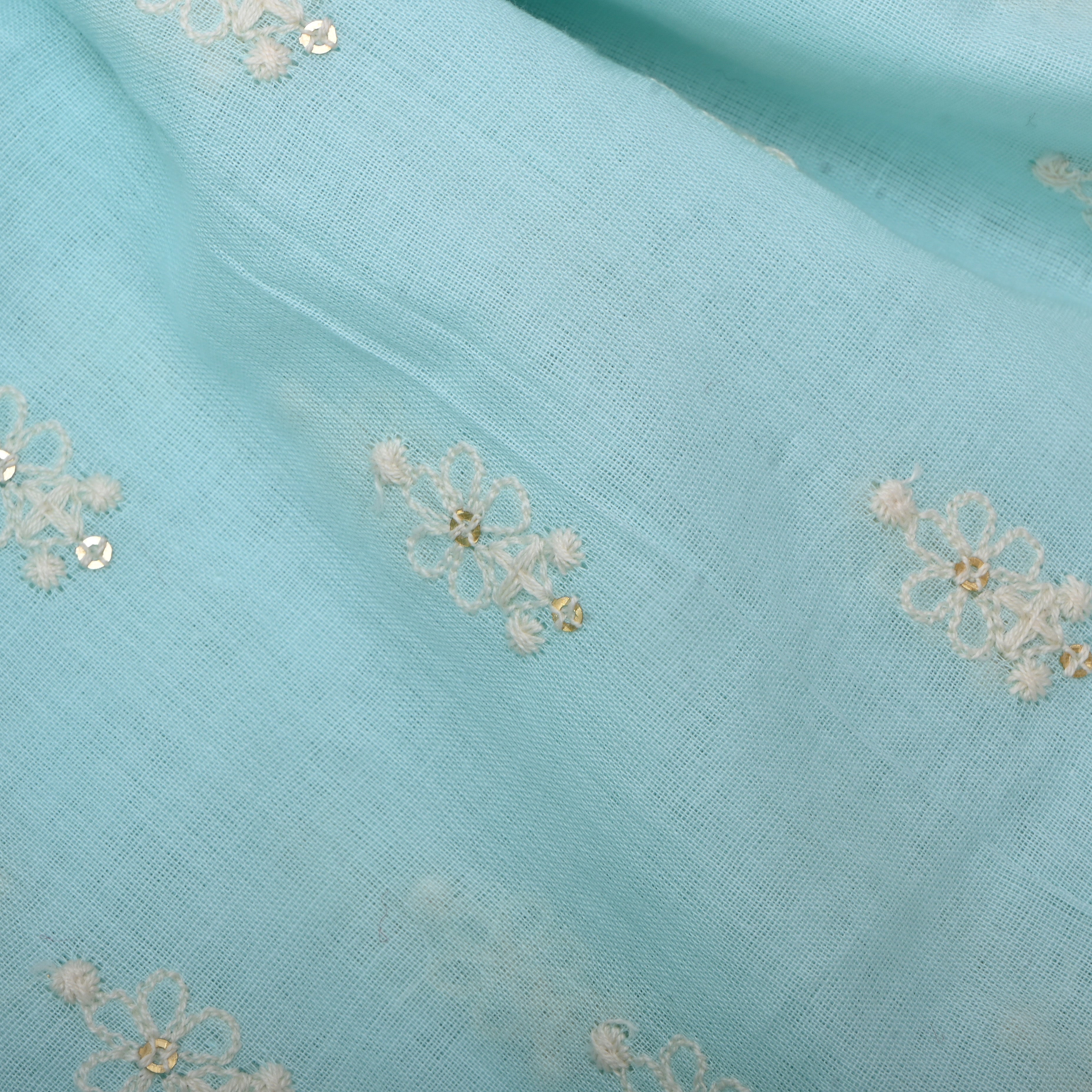 Cyan Blue Floral Embroidered Cotton Fabric