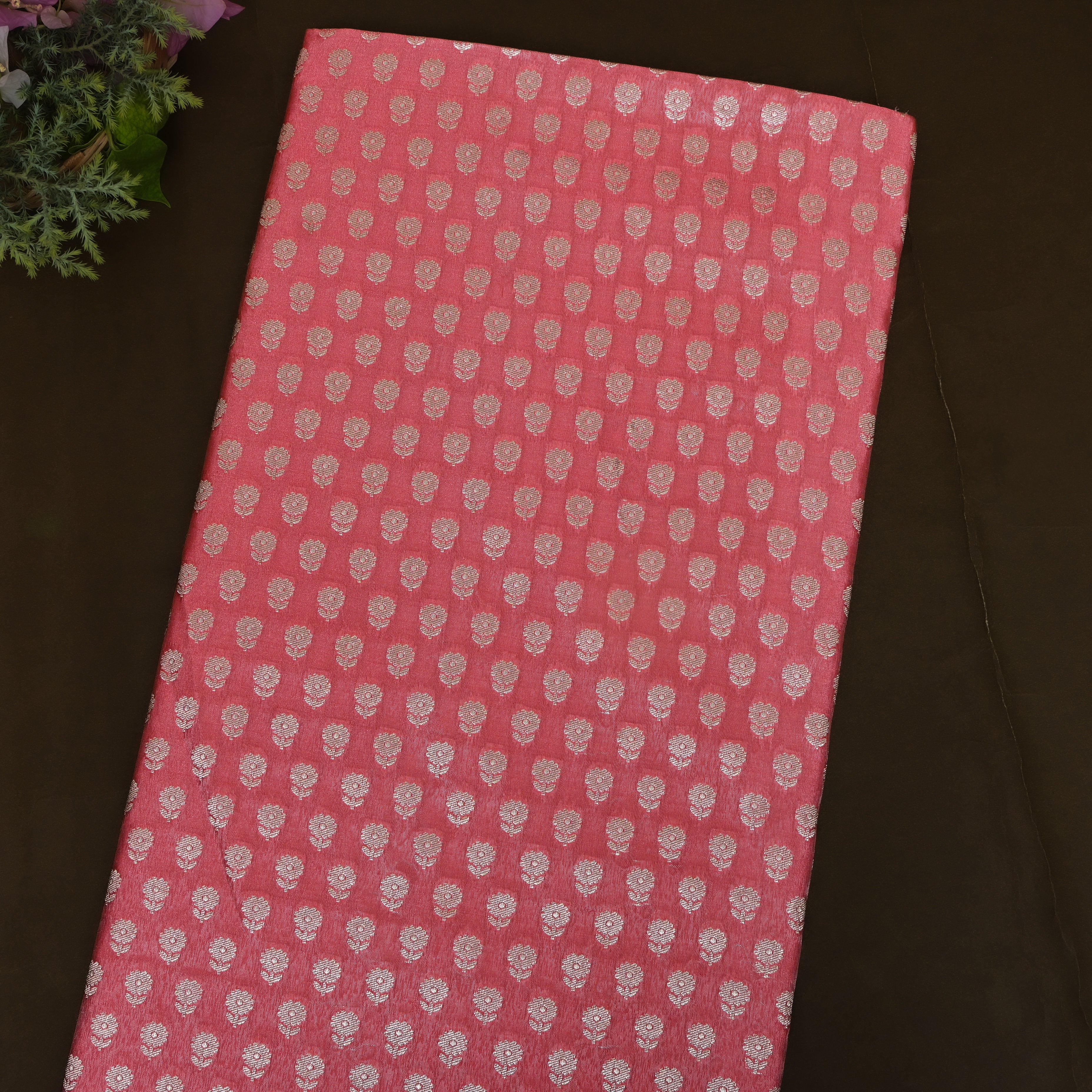 Coral Pink Zari Butti Jamawar Fabric