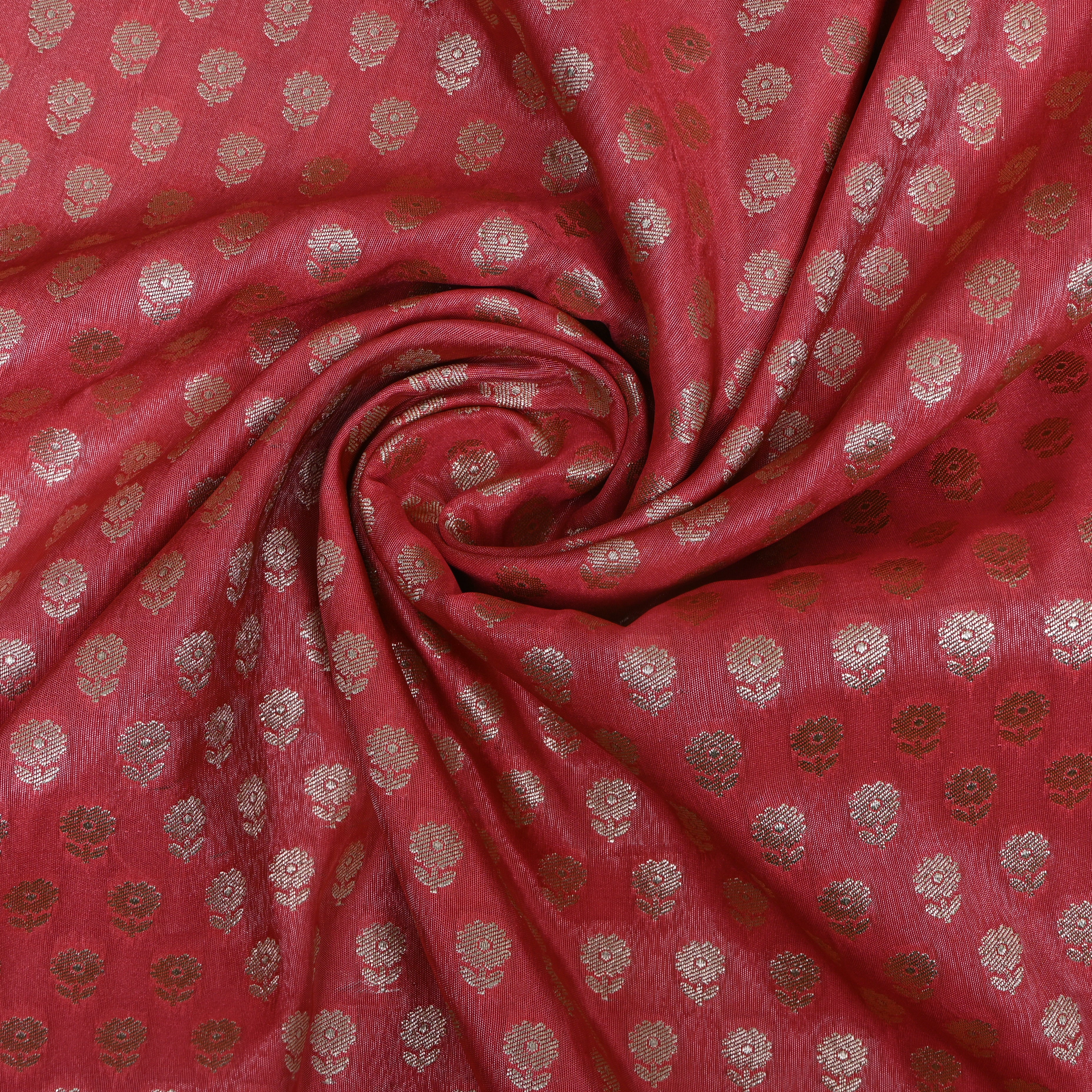 Coral Pink Zari Butti Jamawar Fabric