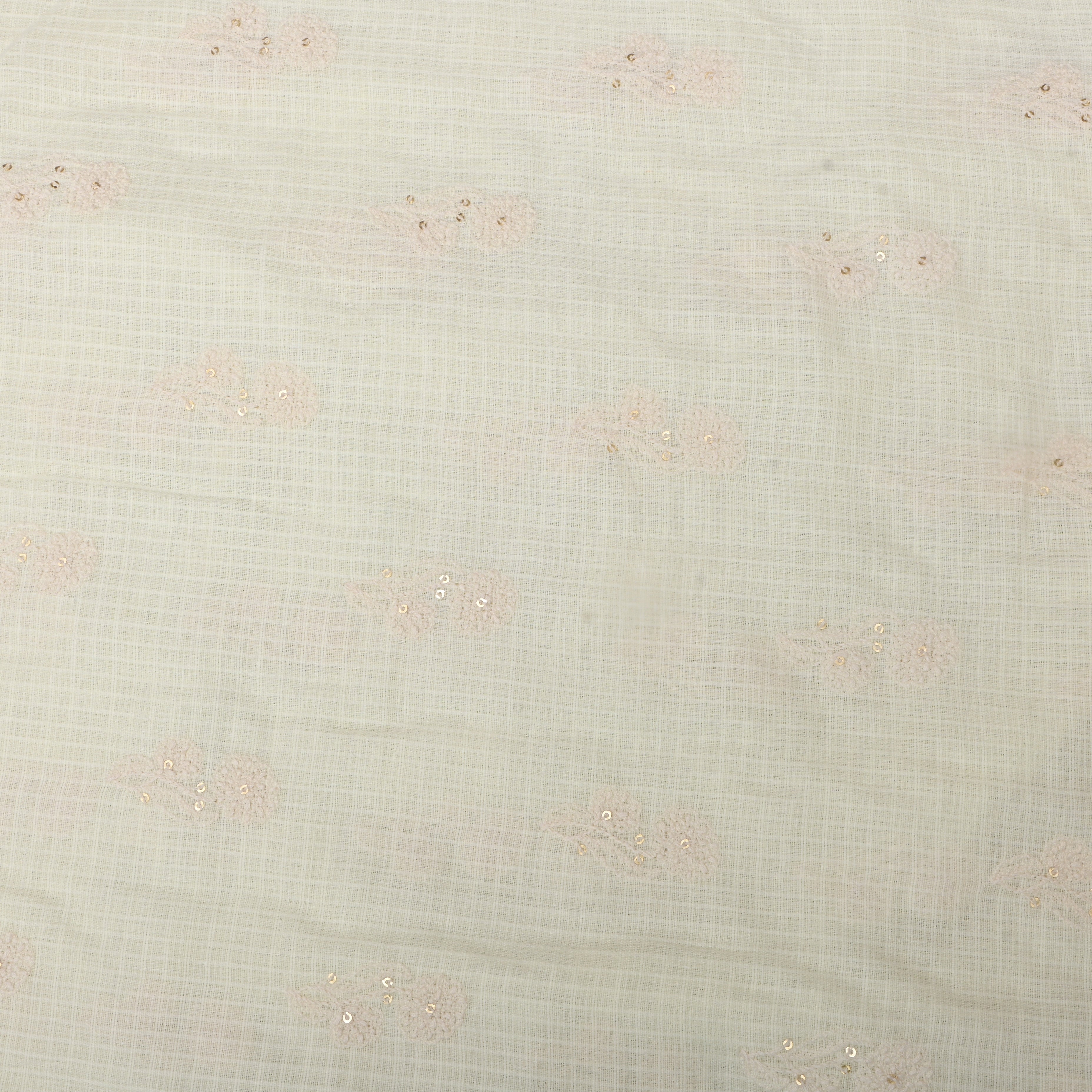 Off-White Floral Thread Embroidered Kota Fabric
