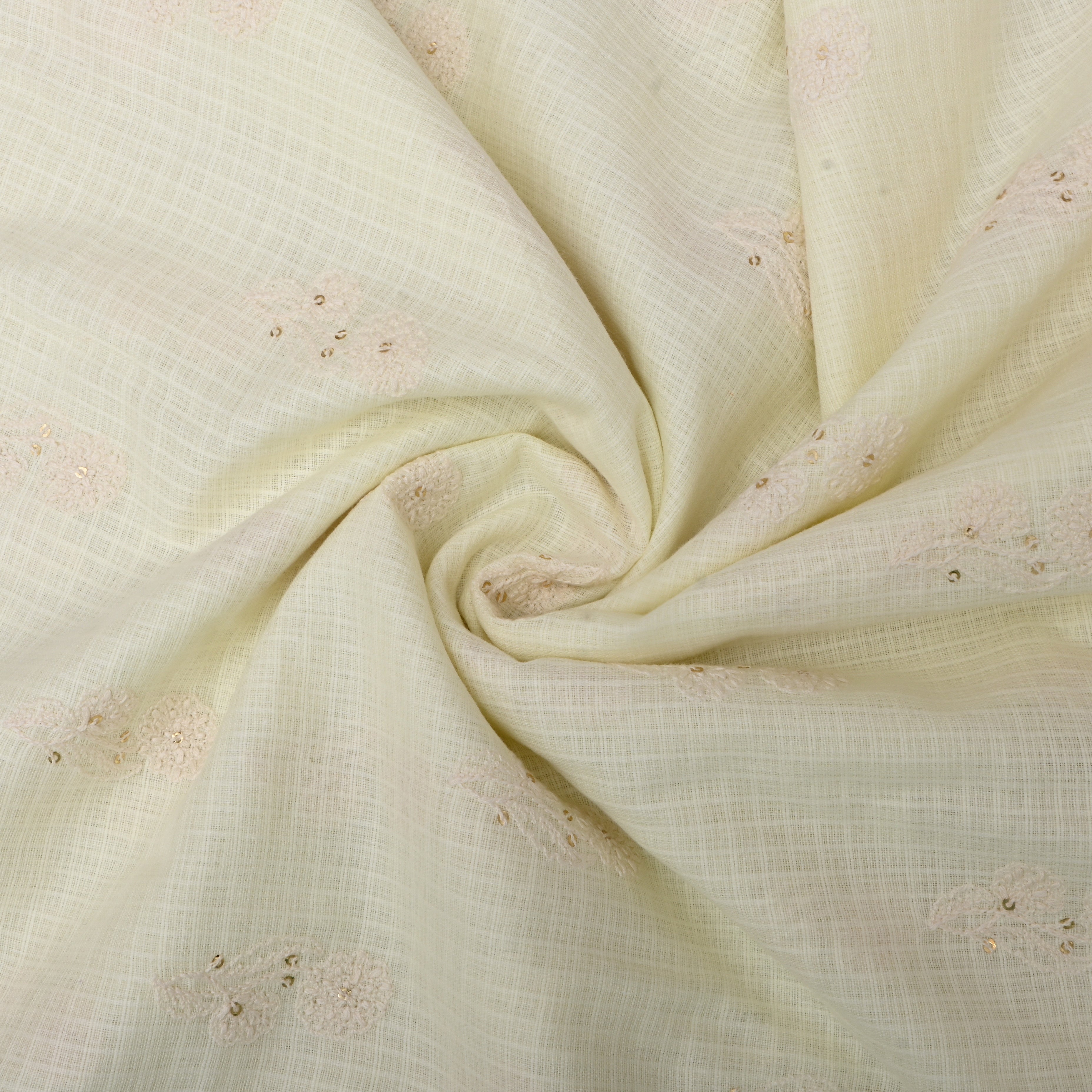 Off-White Floral Thread Embroidered Kota Fabric