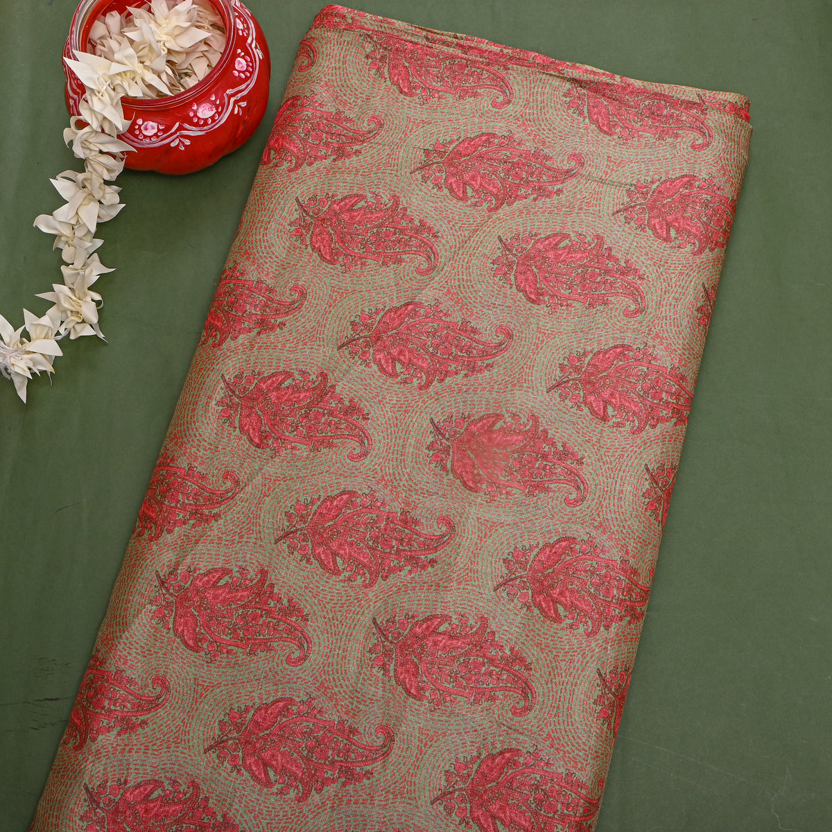 Sage Green Paisley Print Silk Fabric