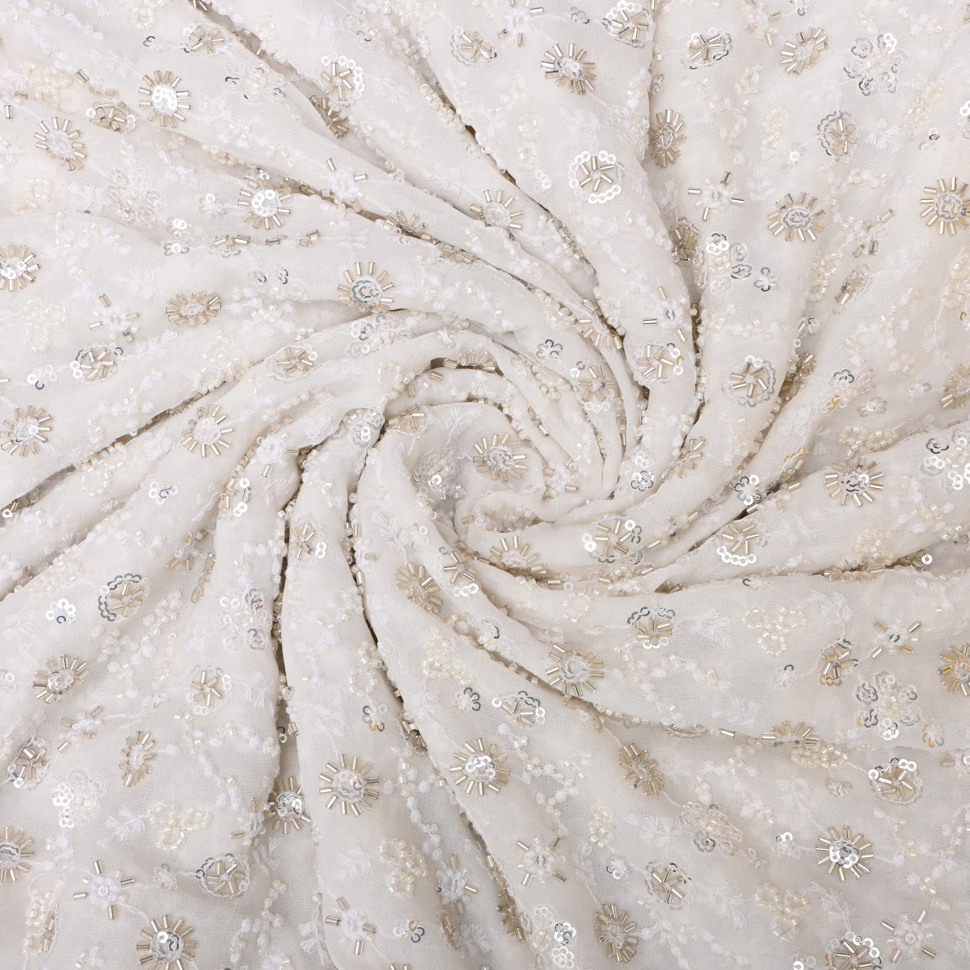 Off White Floral Embroidered Georgette Fabric