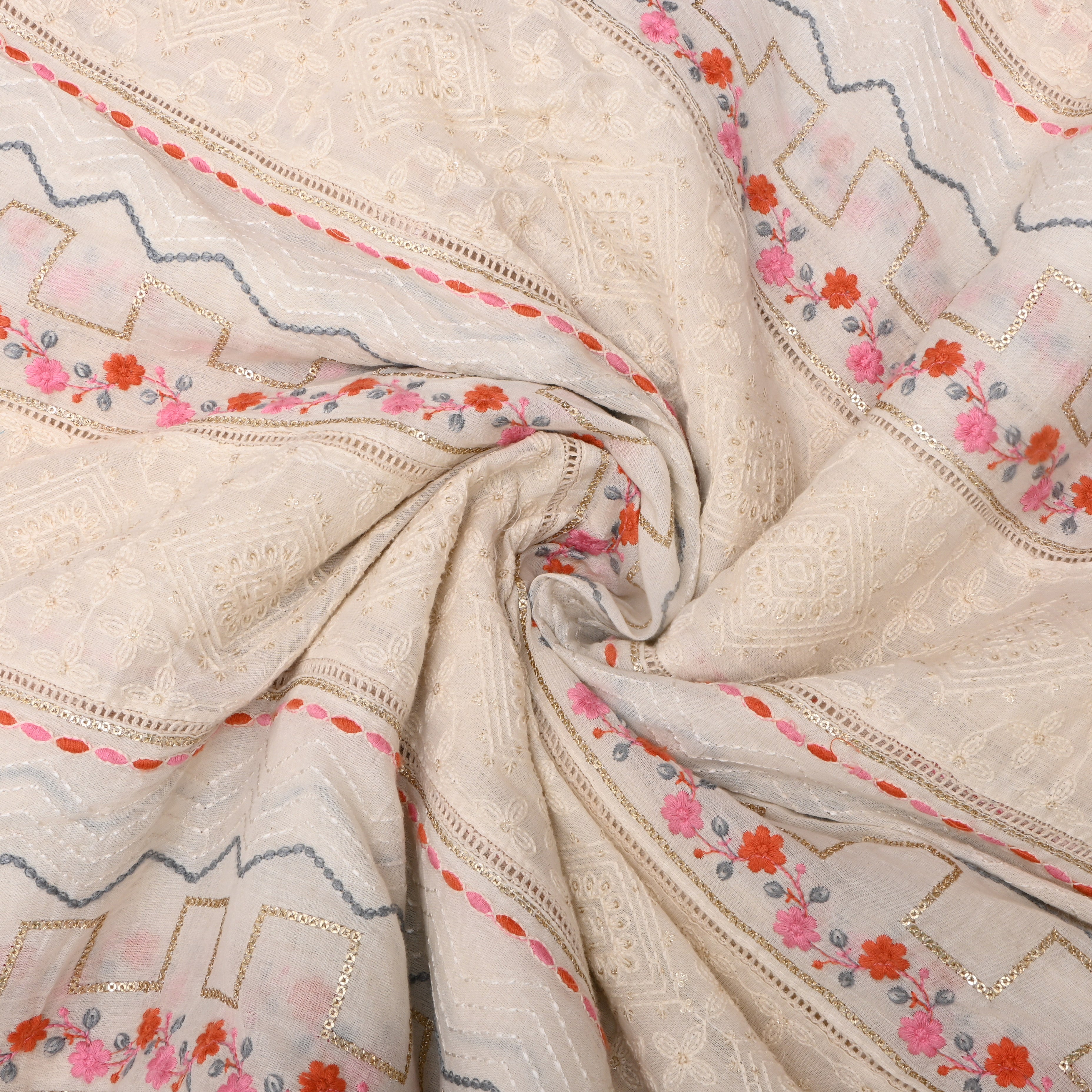 Off-White Pink Red Floral Embroidered Cotton Fabric