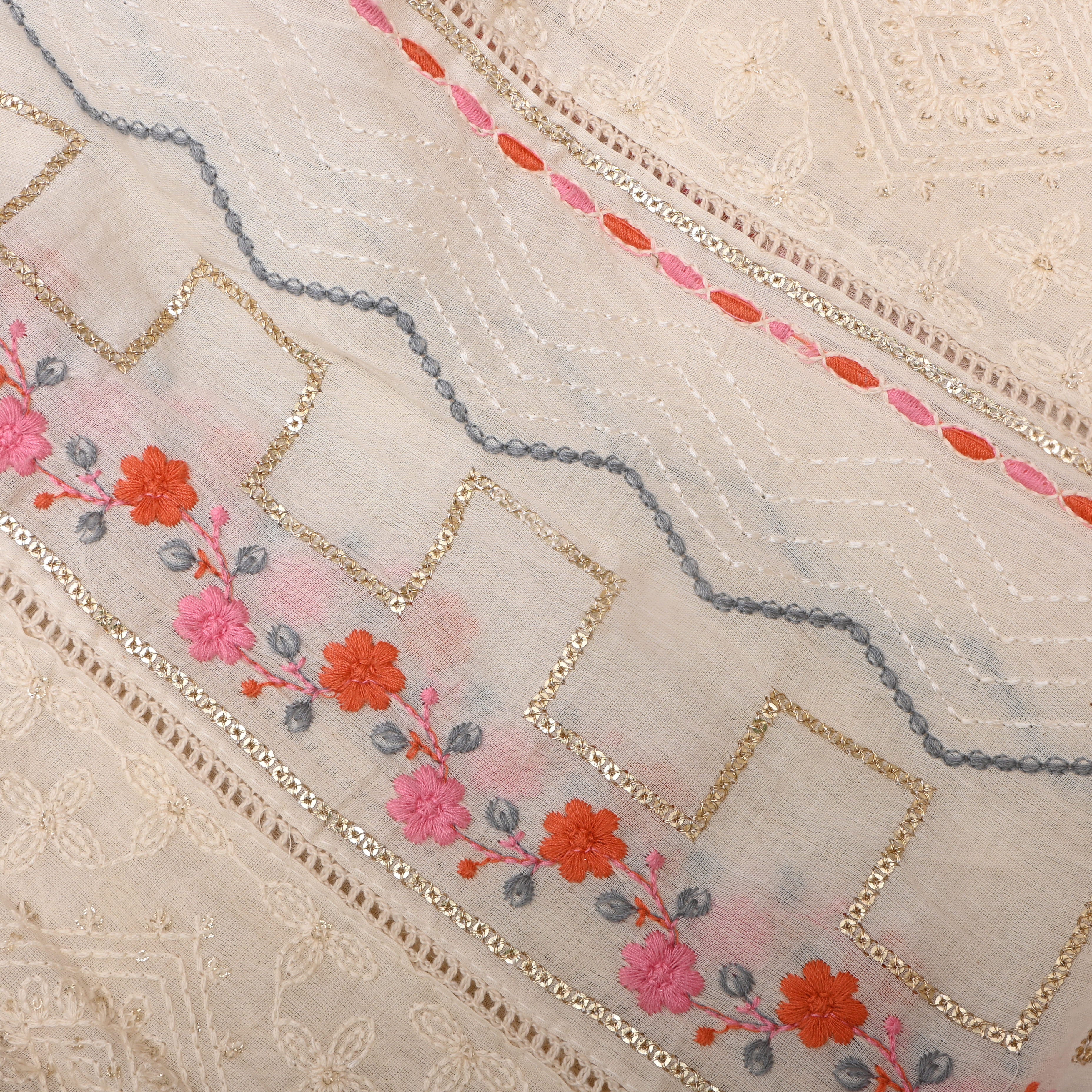 Off-White Pink Red Floral Embroidered Cotton Fabric