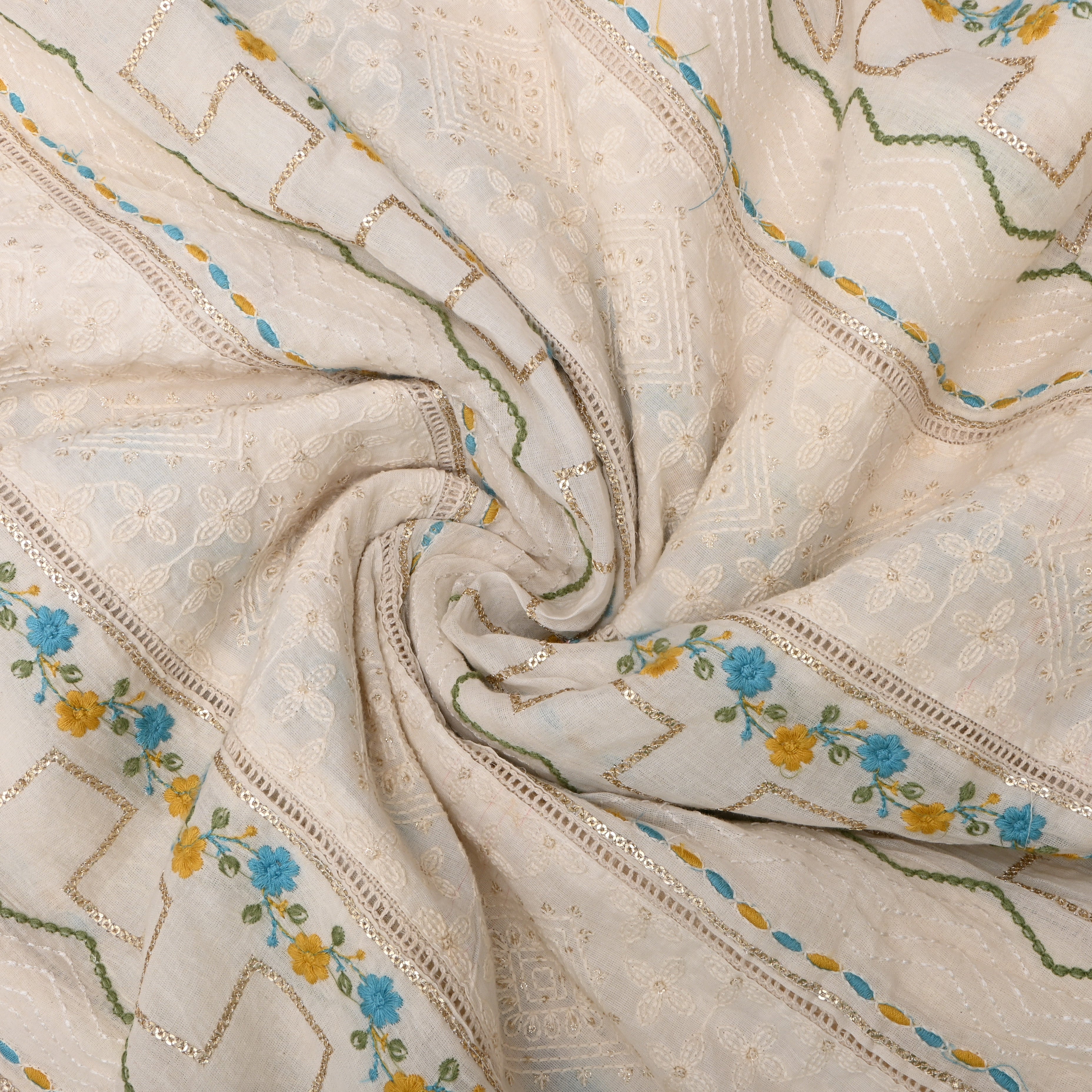 Off-White Yellow Blue Floral Embroidered Cotton Fabric