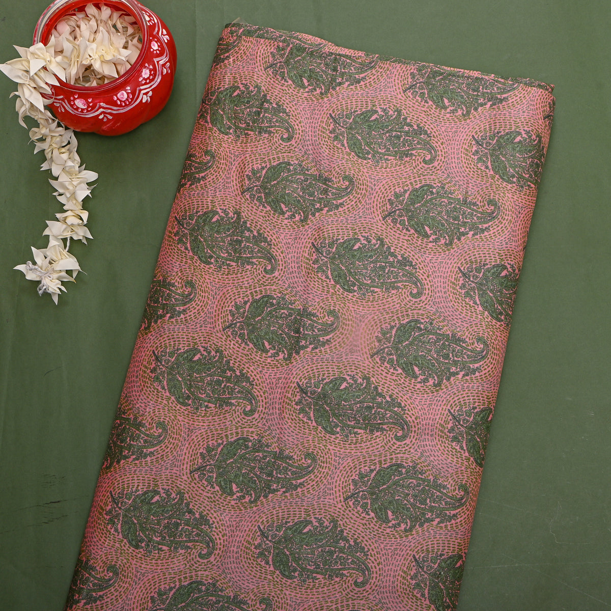 Rose Pink Paisley Print Silk Fabric