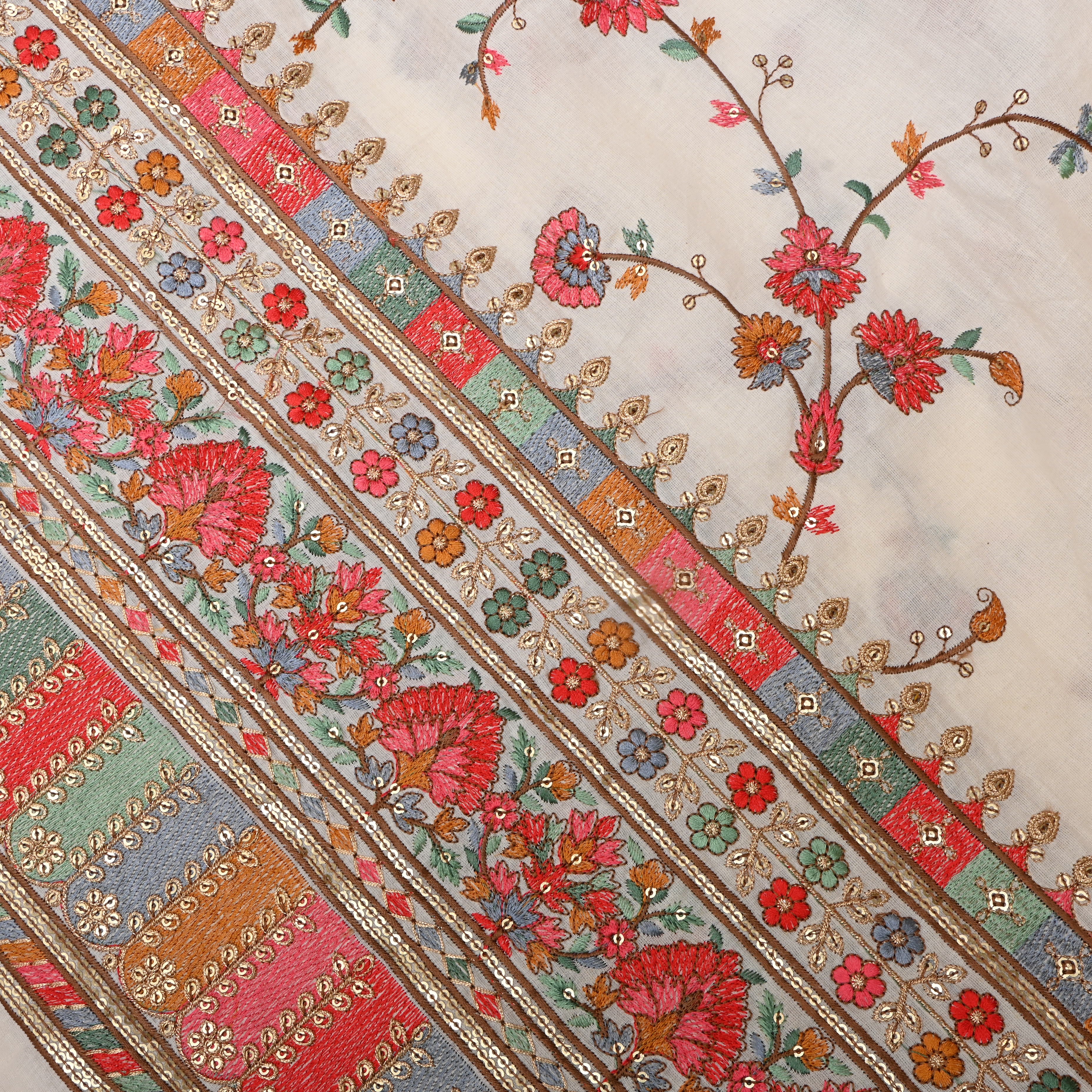 Off-White Multicolour Floral Embroidered Cotton Fabric