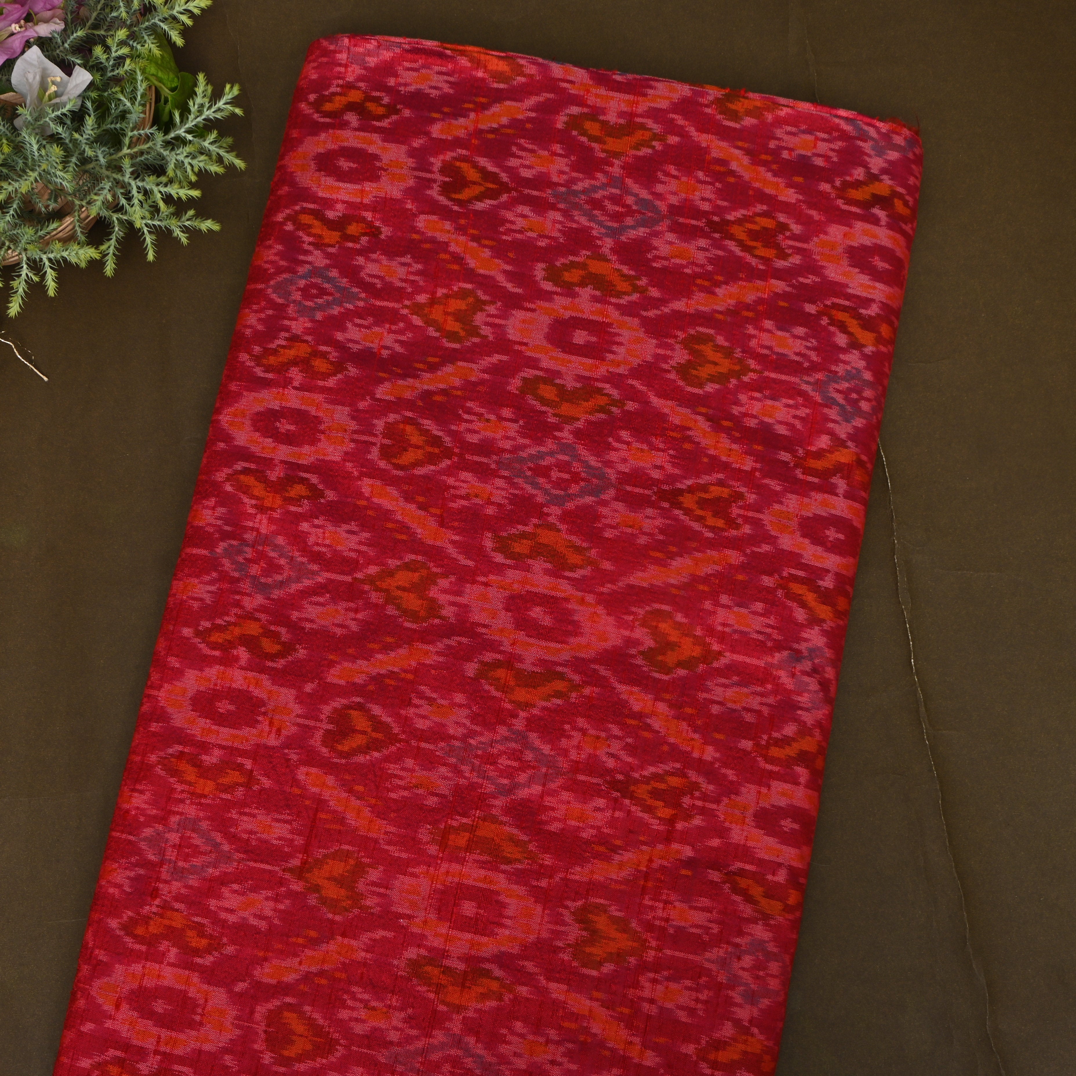 Deep Red Dupion Silk With Traditional Ikat Weave And Orange Accents