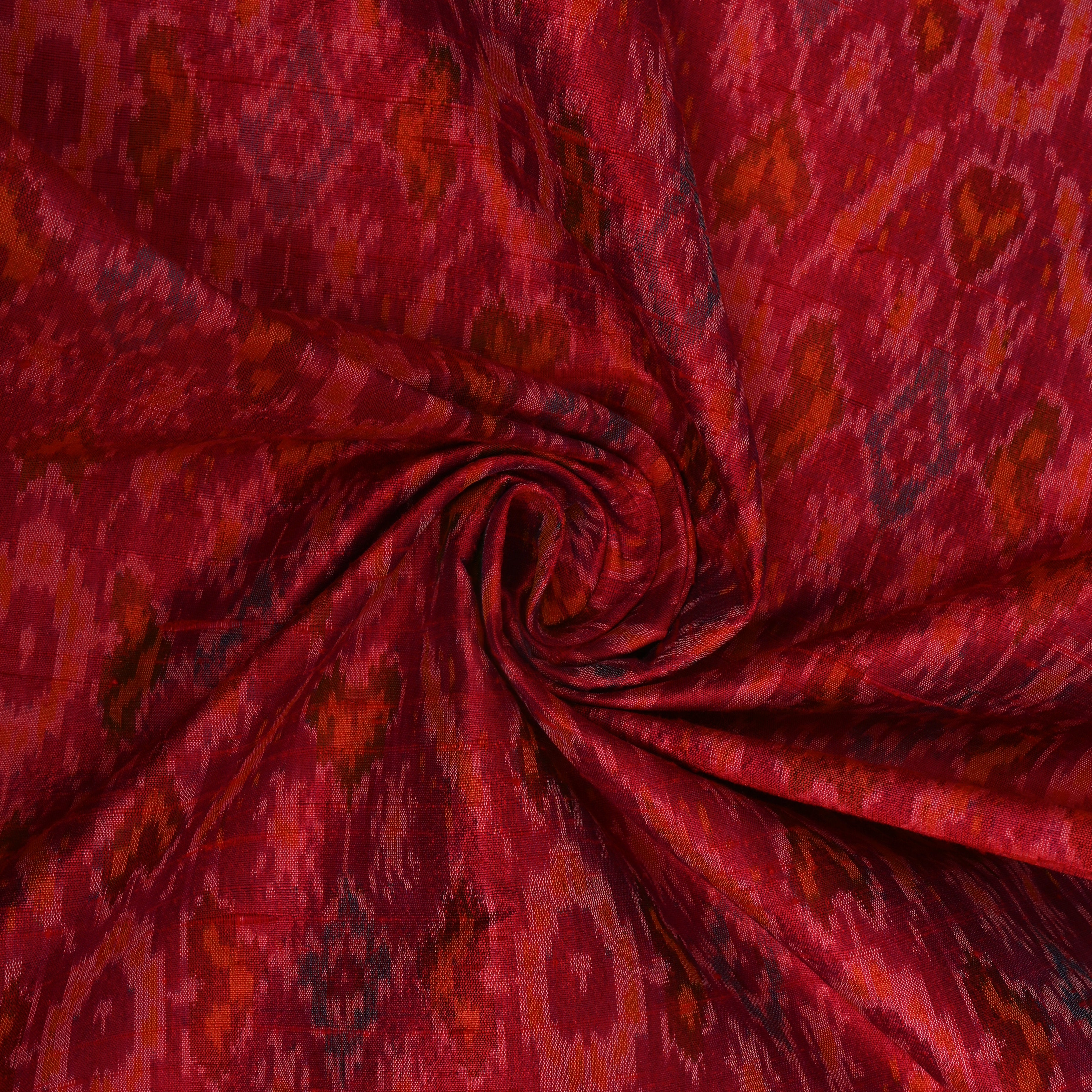 Deep Red Dupion Silk With Traditional Ikat Weave And Orange Accents