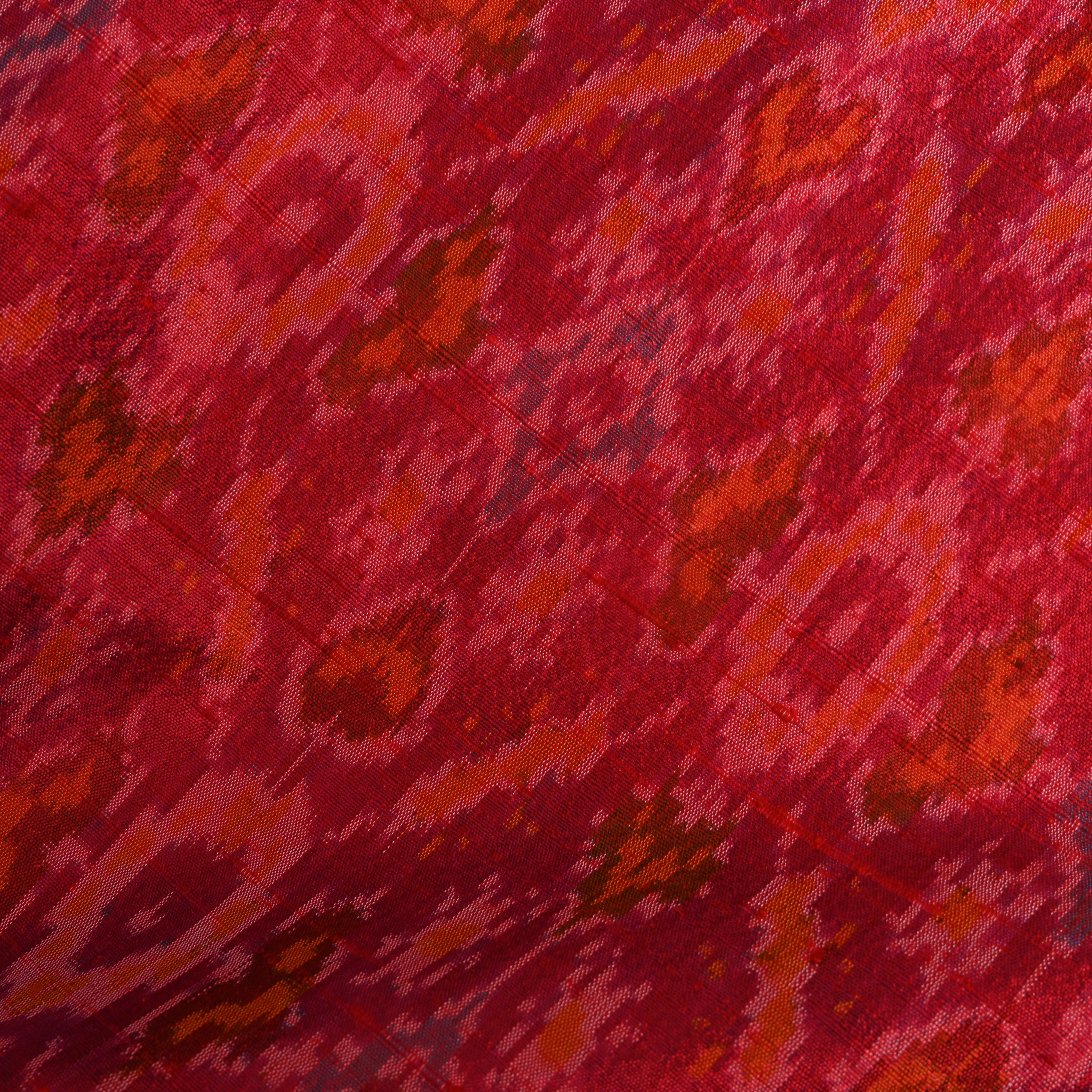 Deep Red Dupion Silk With Traditional Ikat Weave And Orange Accents
