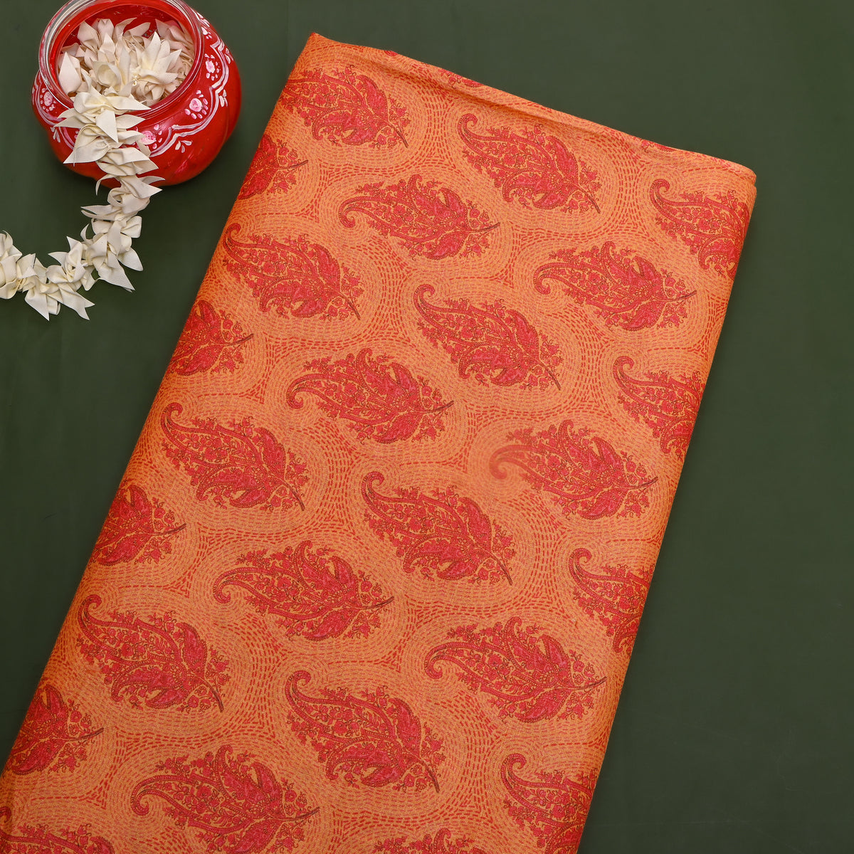 Tangerine Paisley Print Silk Fabric