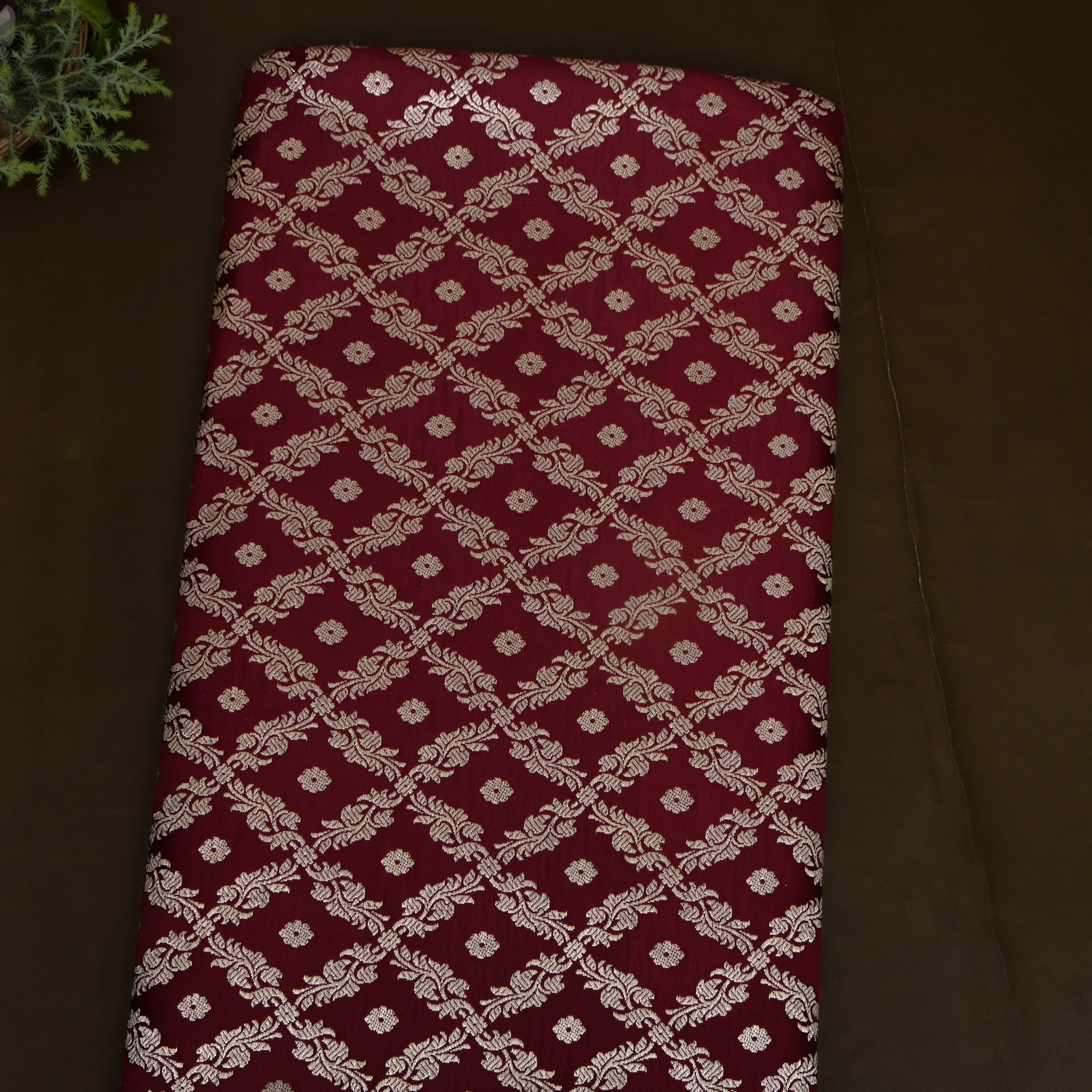 Deep Maroon Floral Checks Jaal Jamawar Silk