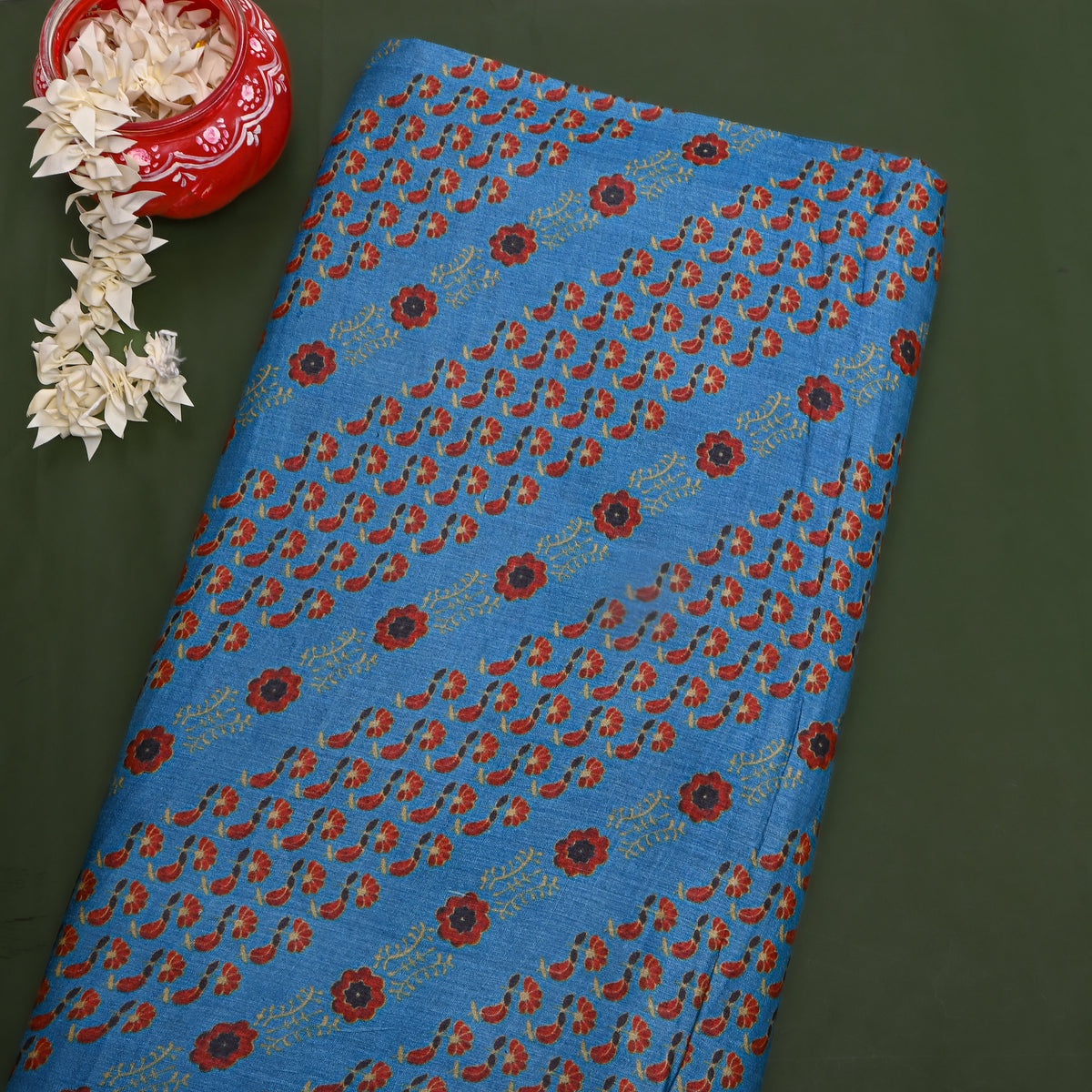Cornflower Blue Red Floral Print Silk Fabric