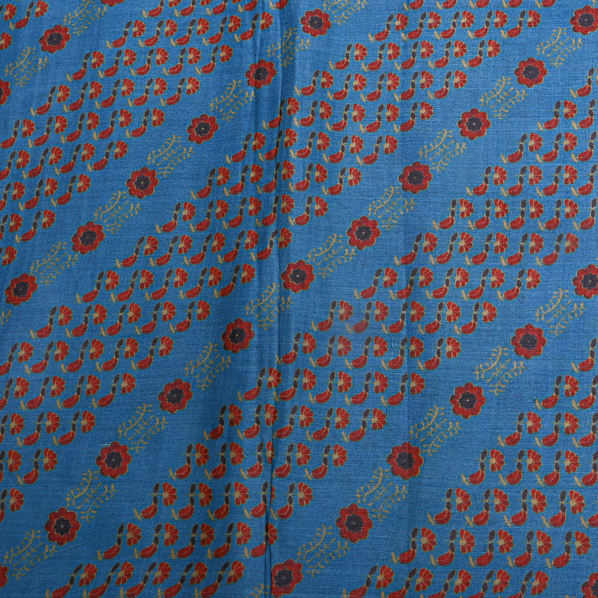 Cornflower Blue Red Floral Print Silk Fabric