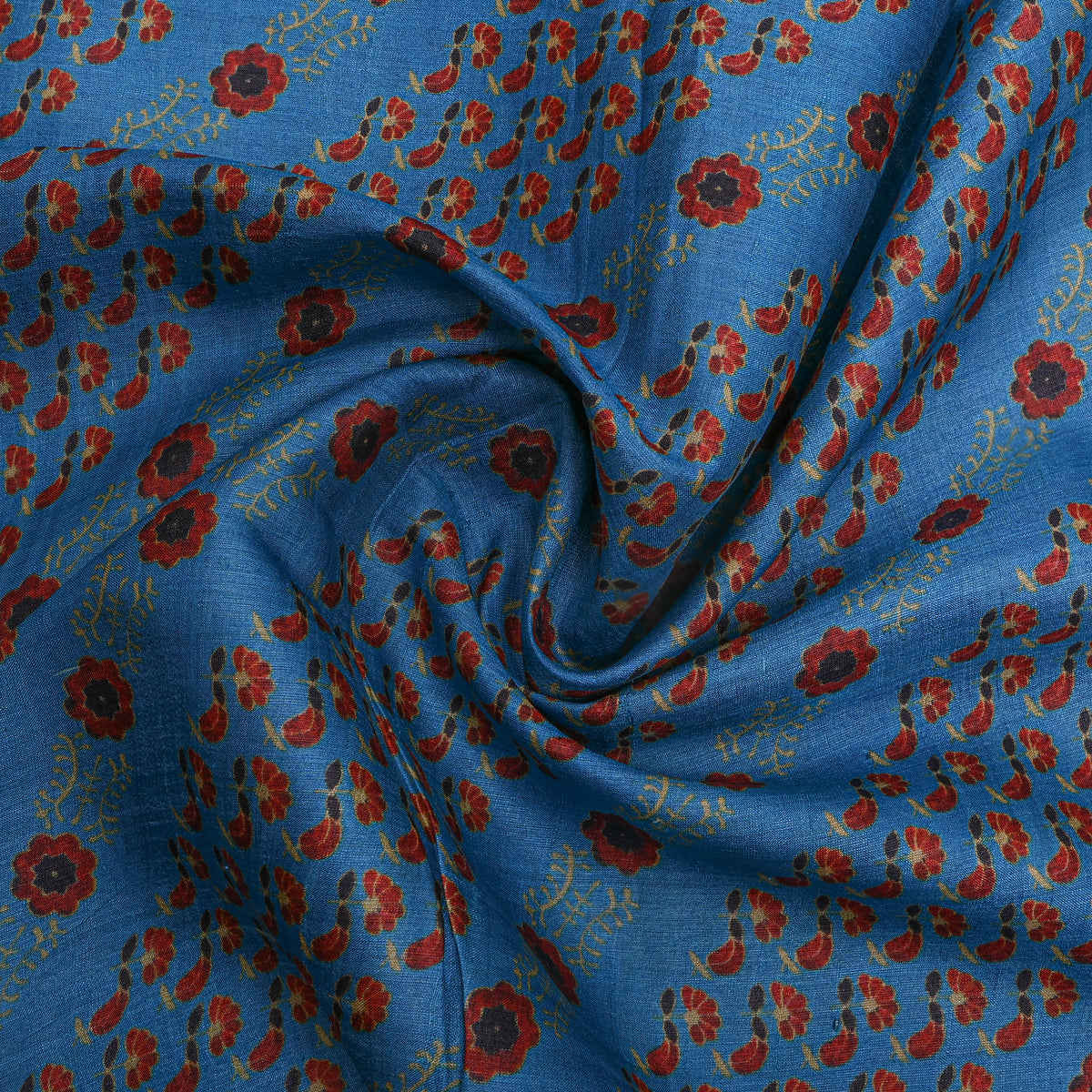 Cornflower Blue Red Floral Print Silk Fabric