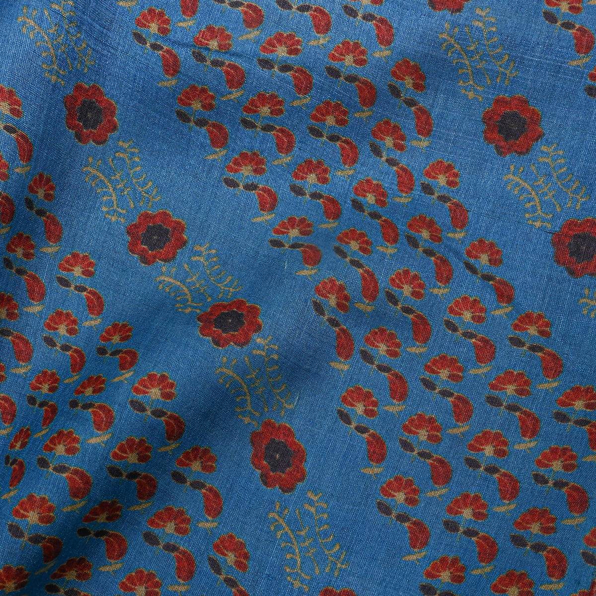Cornflower Blue Red Floral Print Silk Fabric