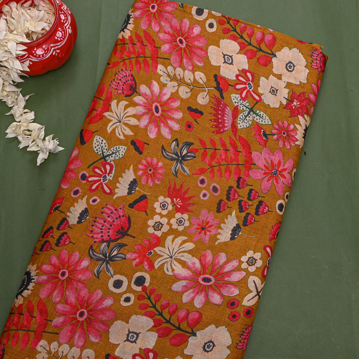 Mustard Floral Print Tussar Fabric