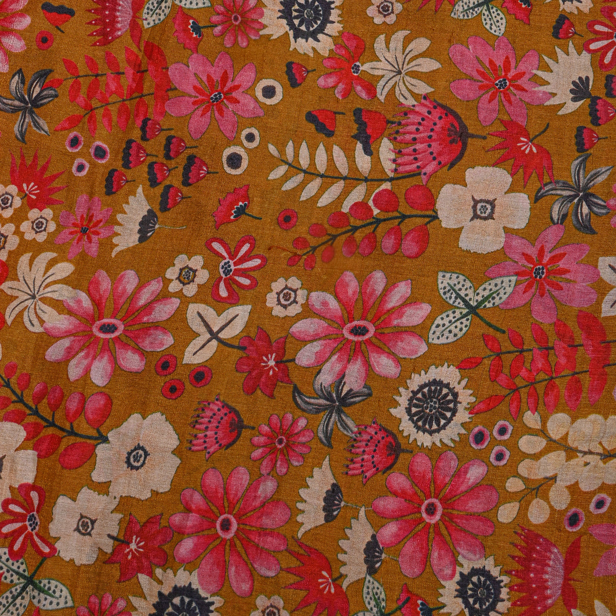 Mustard Floral Print Tussar Fabric