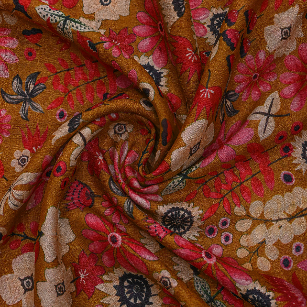 Mustard Floral Print Tussar Fabric