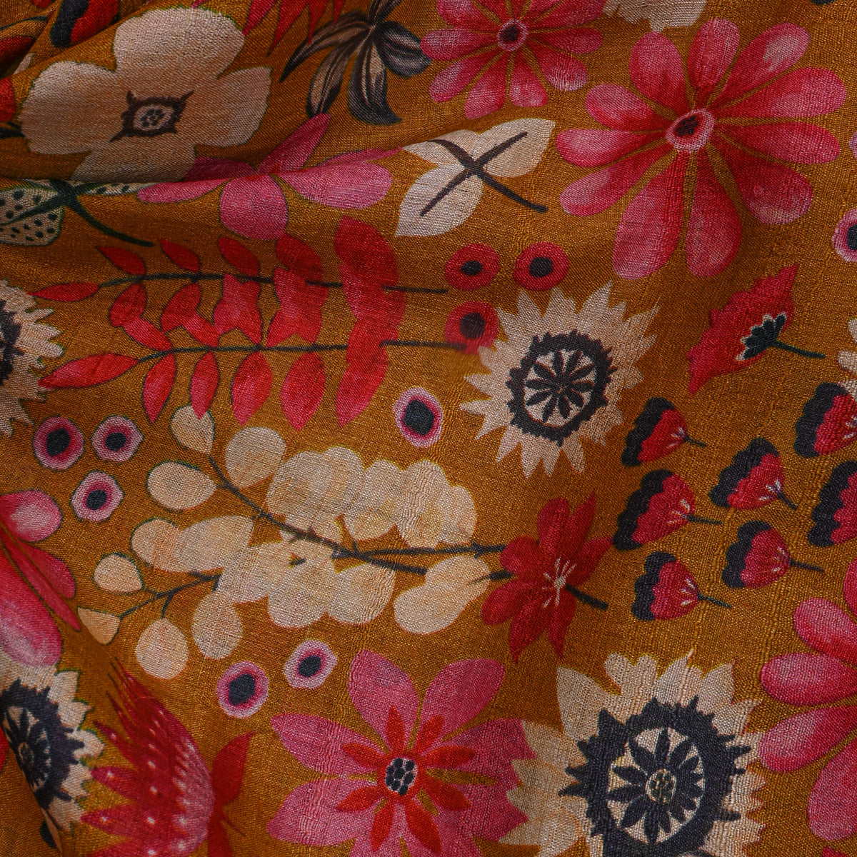 Mustard Floral Print Tussar Fabric