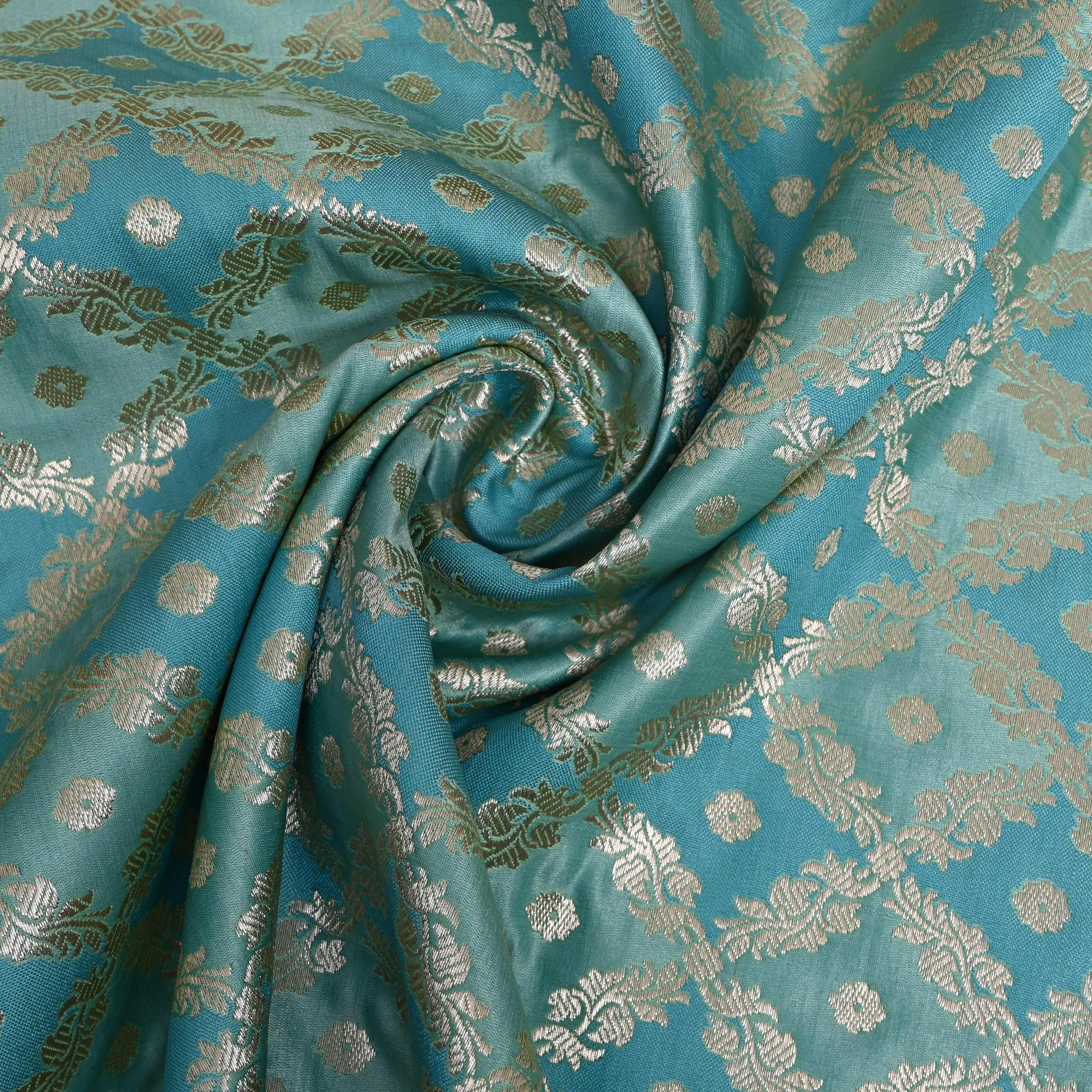 Teal Blue Golden Floral Jamawar Silk Fabric