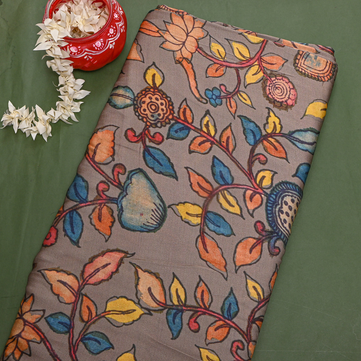 Fawn Floral Print Tussar Fabric