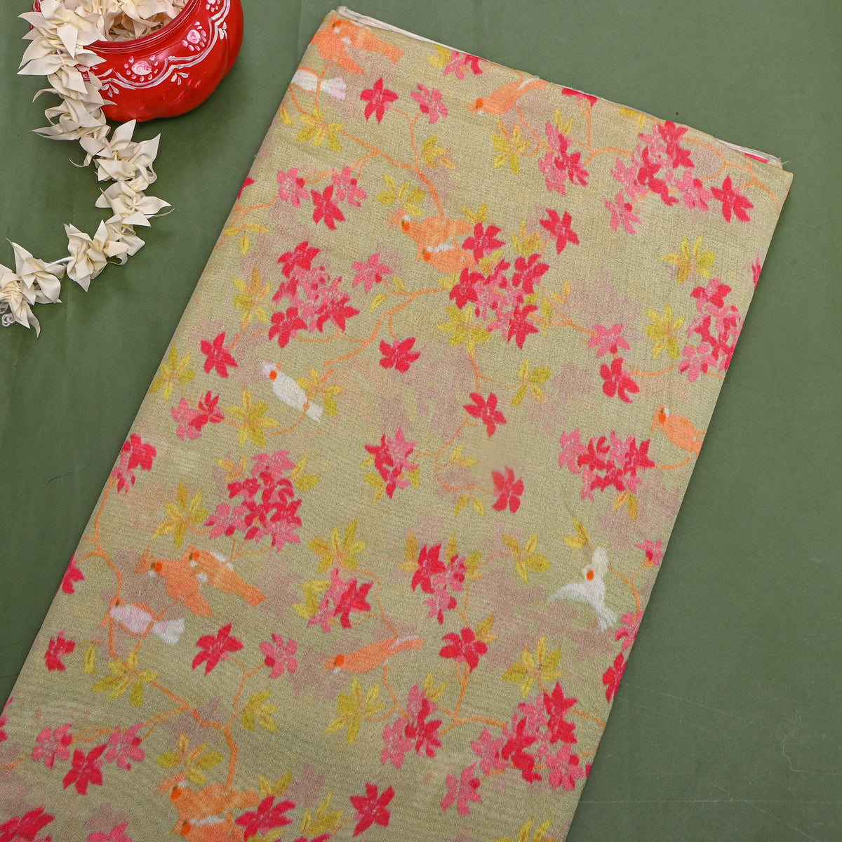 Pistachio Bird Blossom Print Silk Fabric