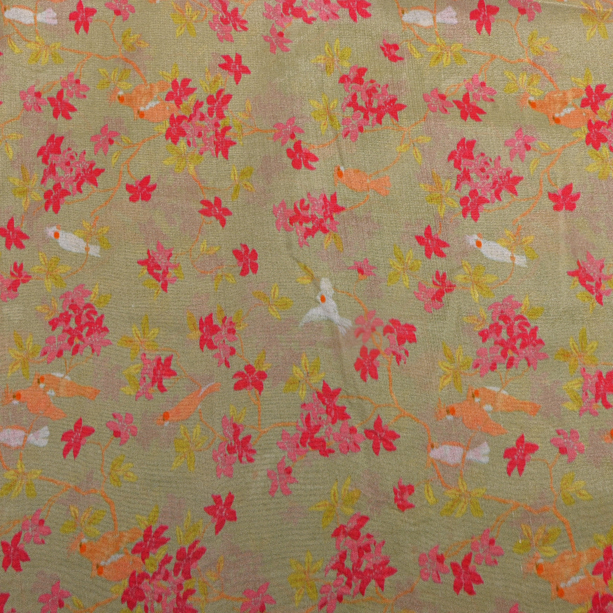 Pistachio Bird Blossom Print Silk Fabric