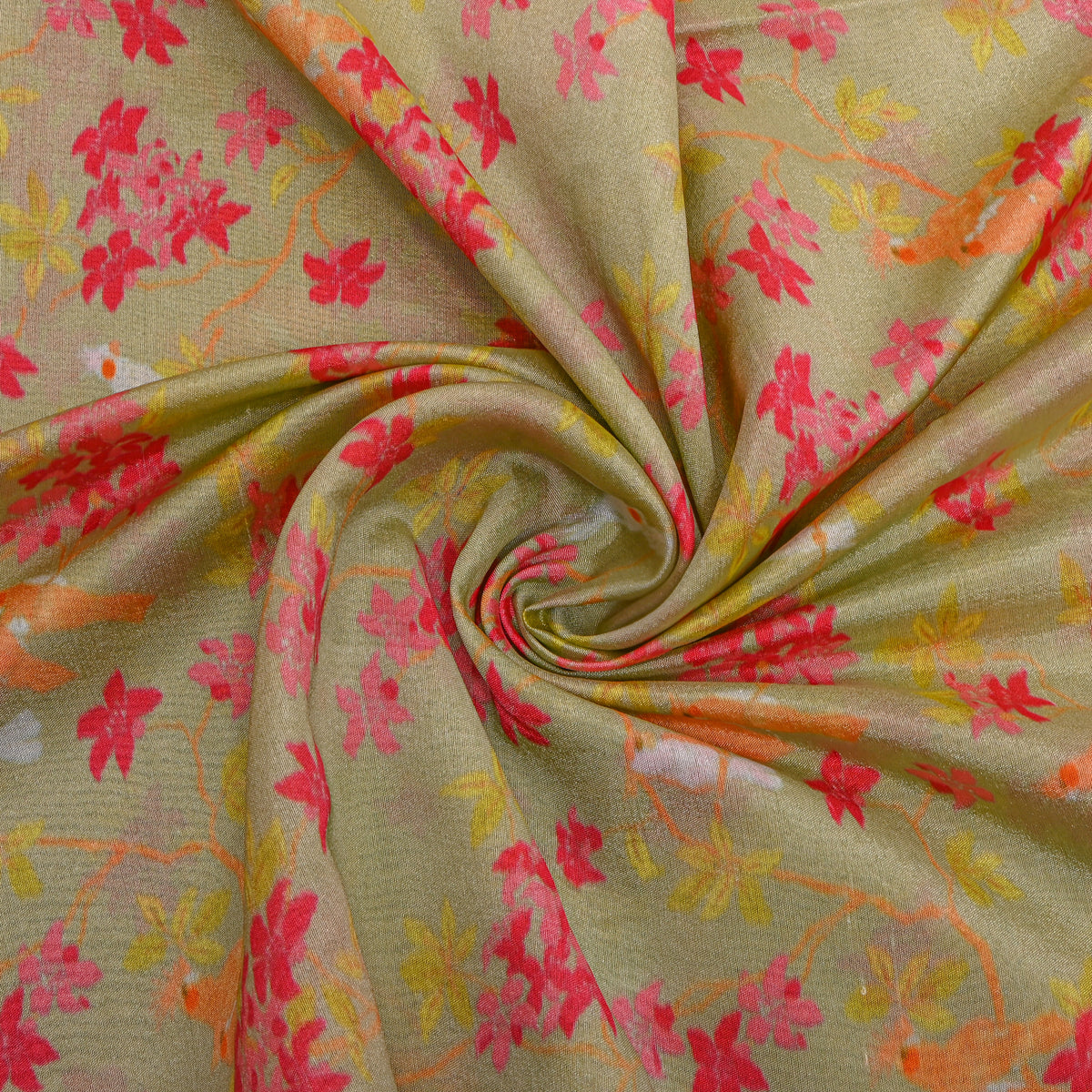 Pistachio Bird Blossom Print Silk Fabric