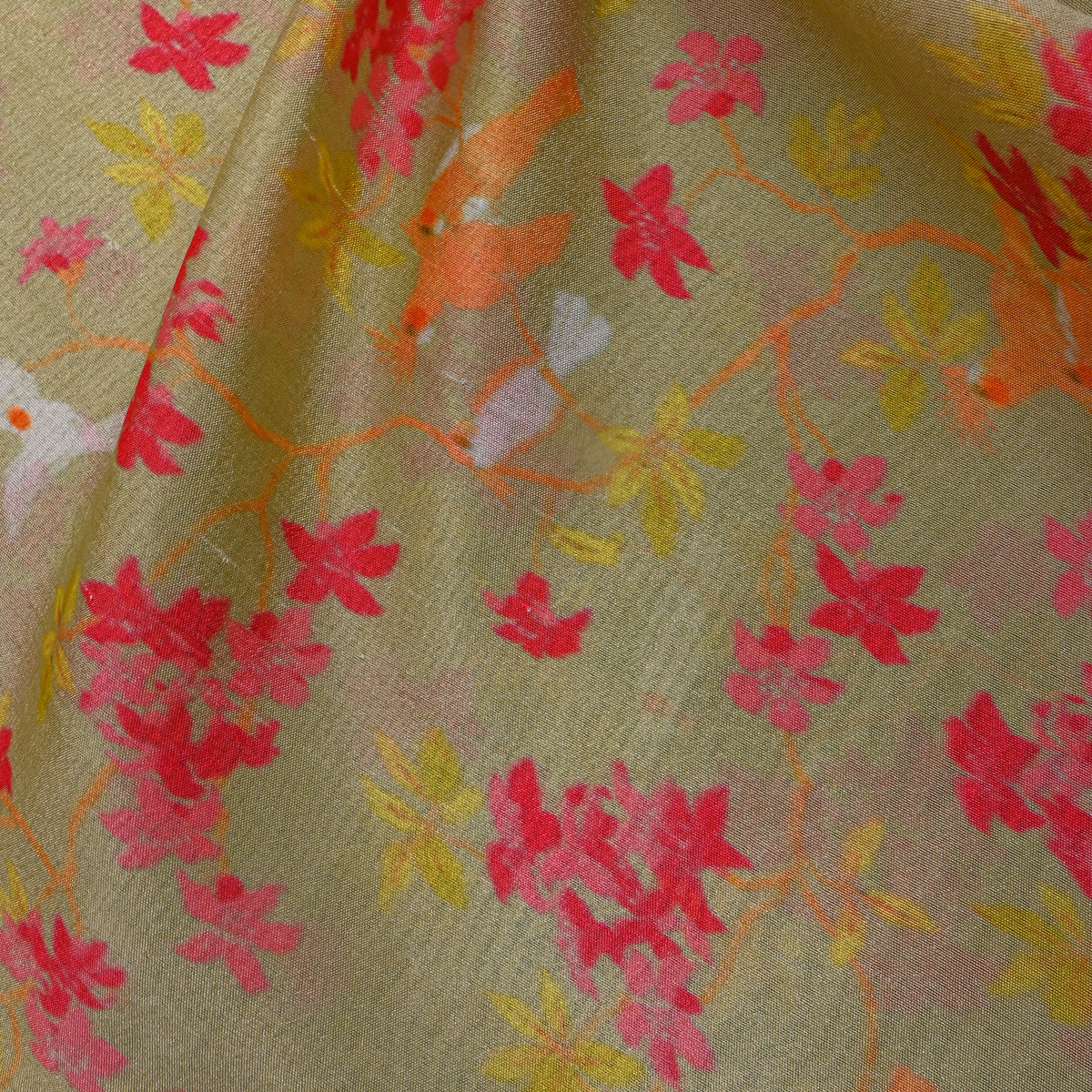 Pistachio Bird Blossom Print Silk Fabric