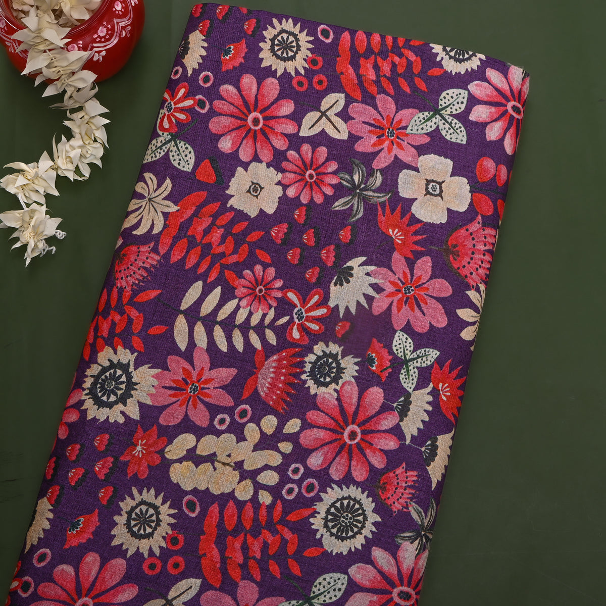Grape Floral Print Tussar Fabric