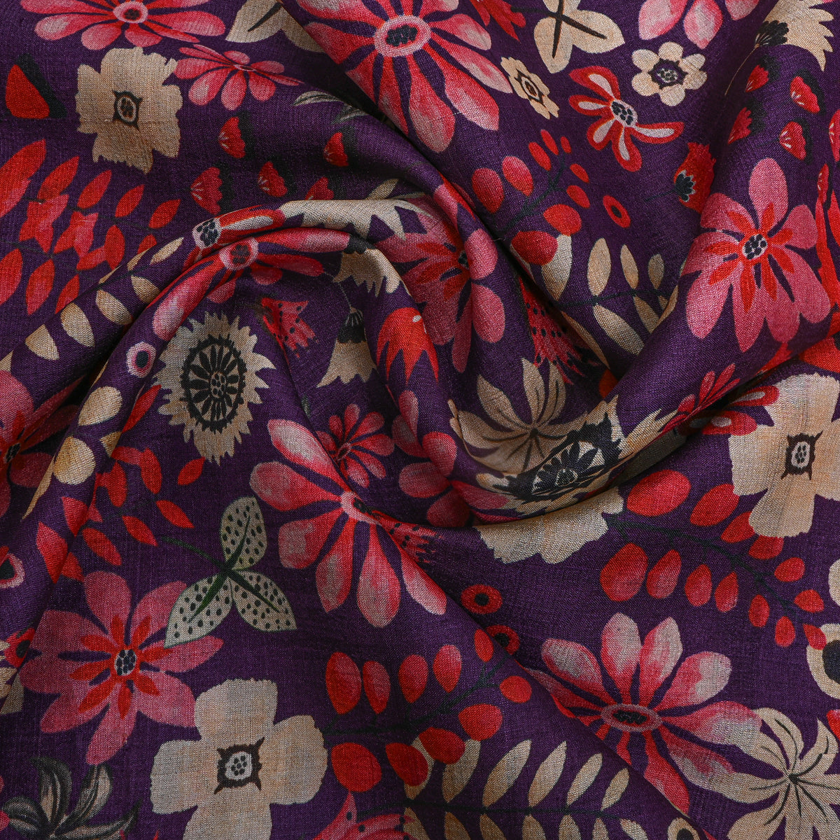 Grape Floral Print Tussar Fabric