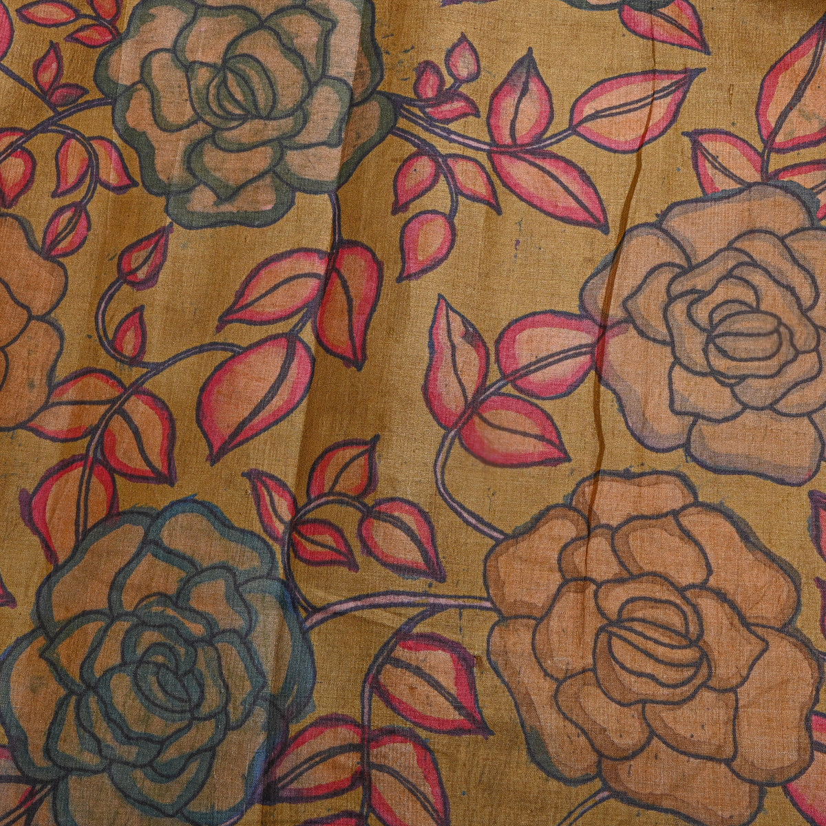 Mustard Rose Floral Digital Print Raw Silk Fabric