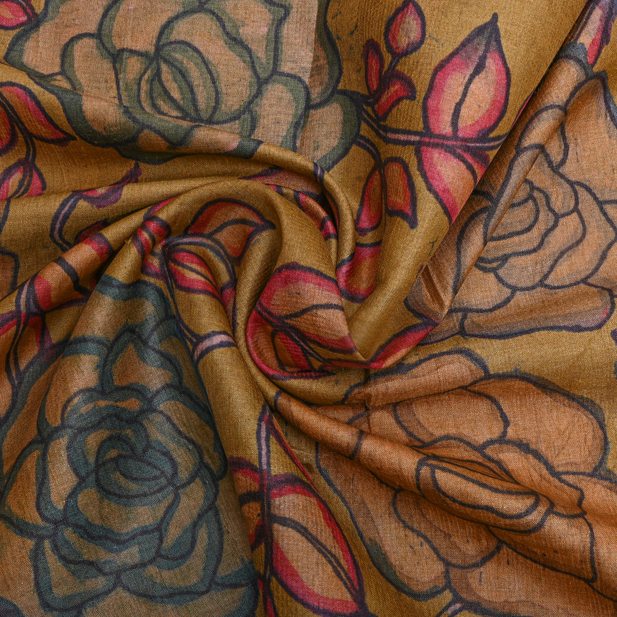 Mustard Rose Floral Digital Print Raw Silk Fabric