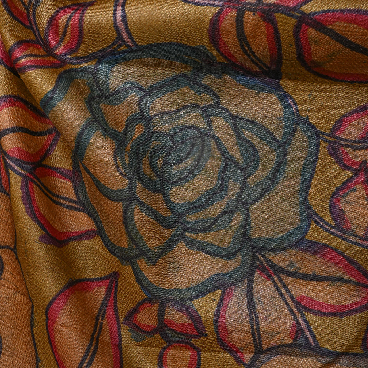 Mustard Rose Floral Digital Print Raw Silk Fabric