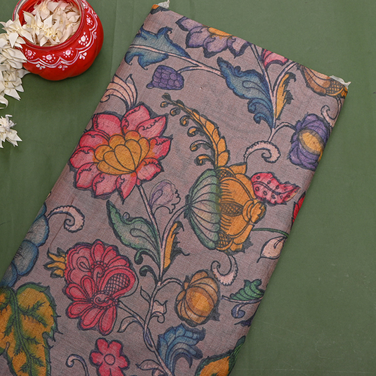 Taupe Floral Vine Digital Print Tussar Fabric