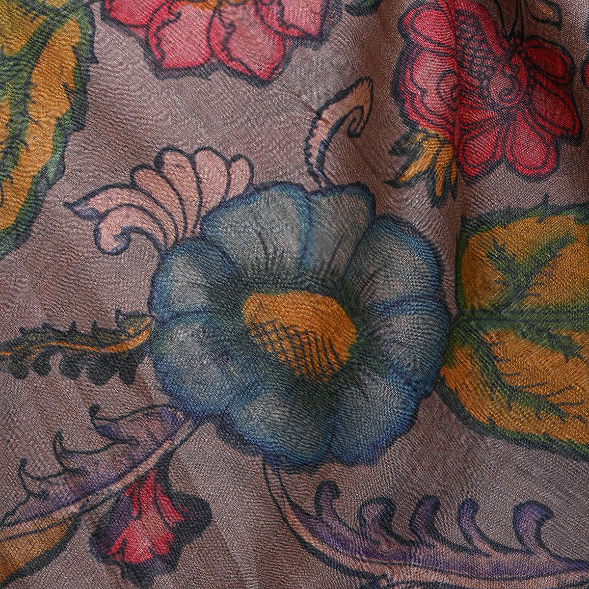 Taupe Floral Vine Digital Print Tussar Fabric