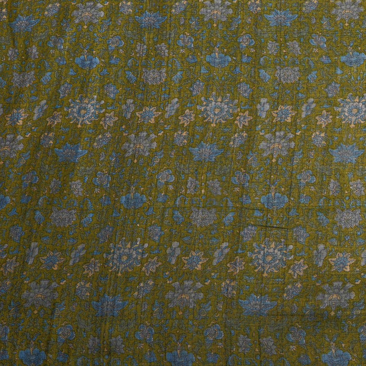 Moss Green Floral Print Tussar Silk Fabric