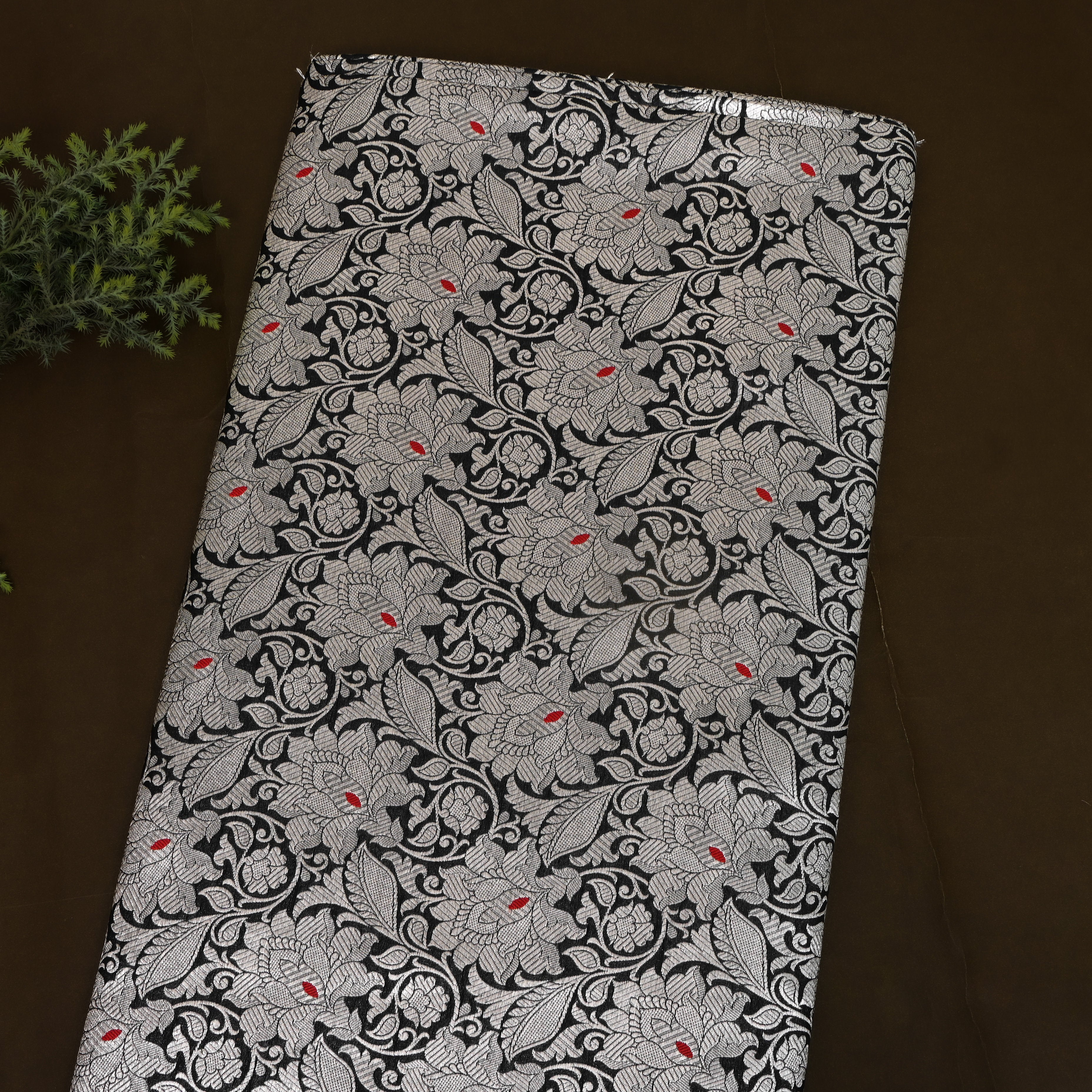 Onyx Black Silver Damask Parsi Jamawar Fabric