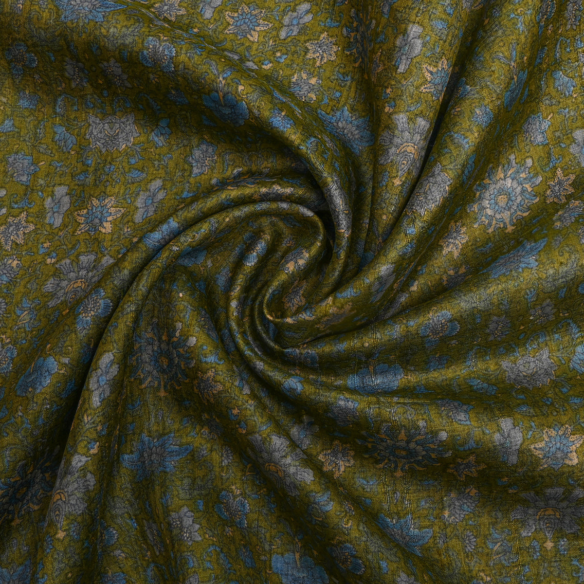 Moss Green Floral Print Tussar Silk Fabric