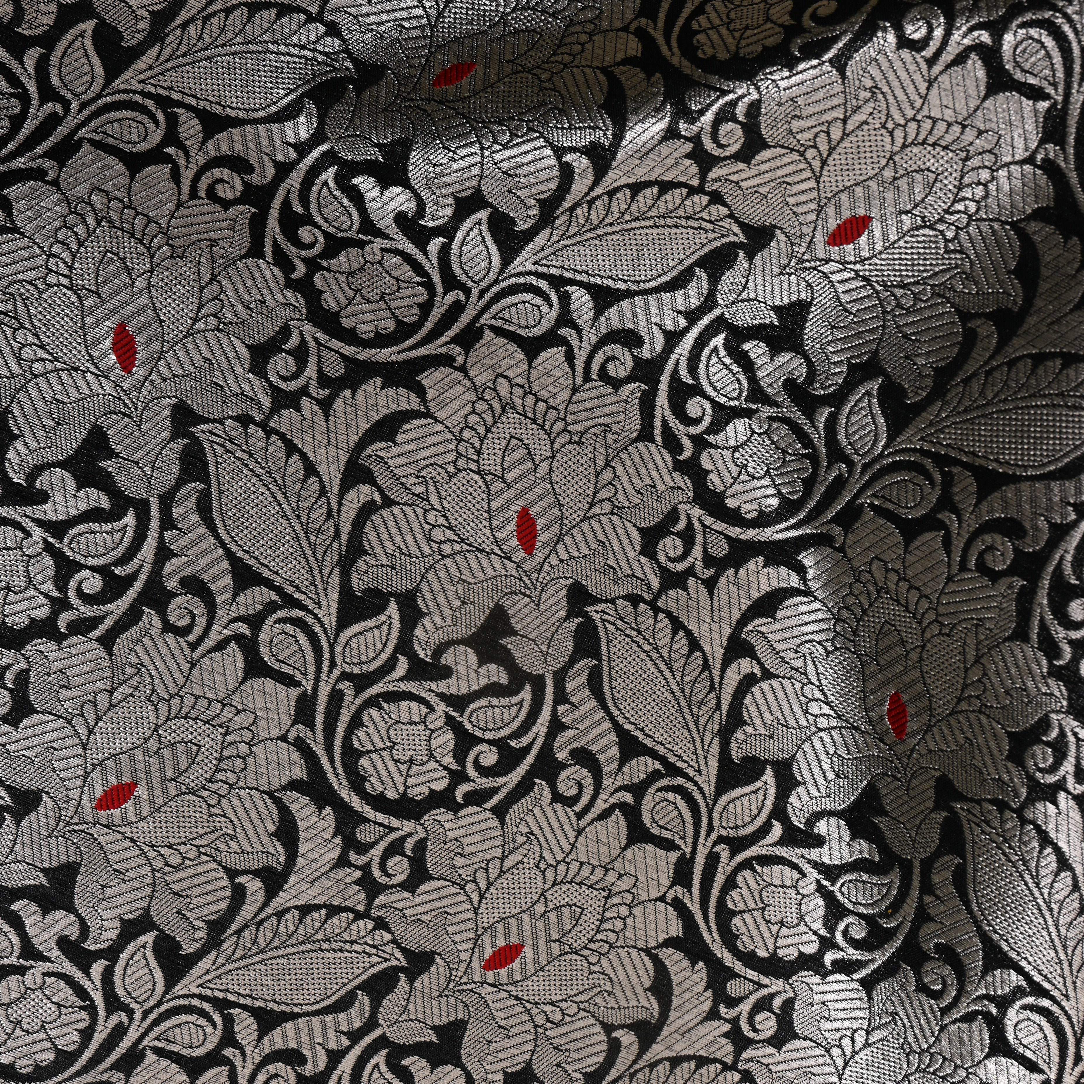 Onyx Black Silver Damask Parsi Jamawar Fabric